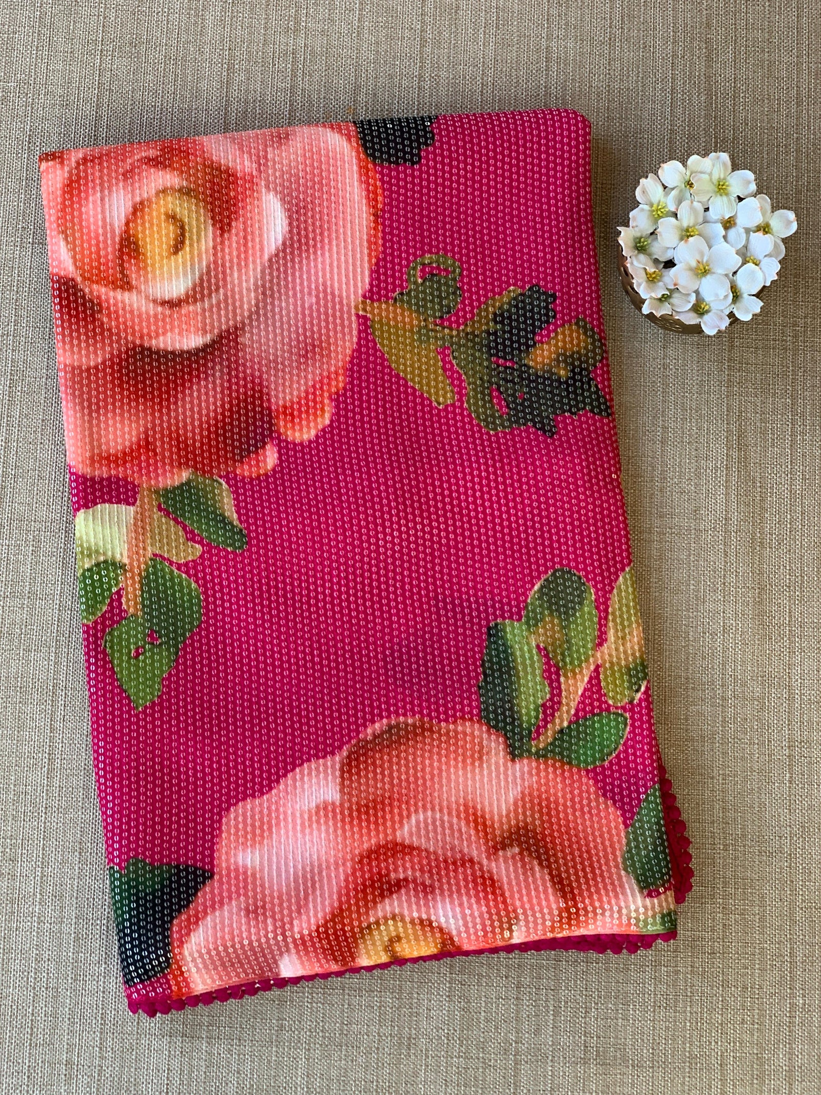 Dark Pink georgette sequence saree with statement floral print