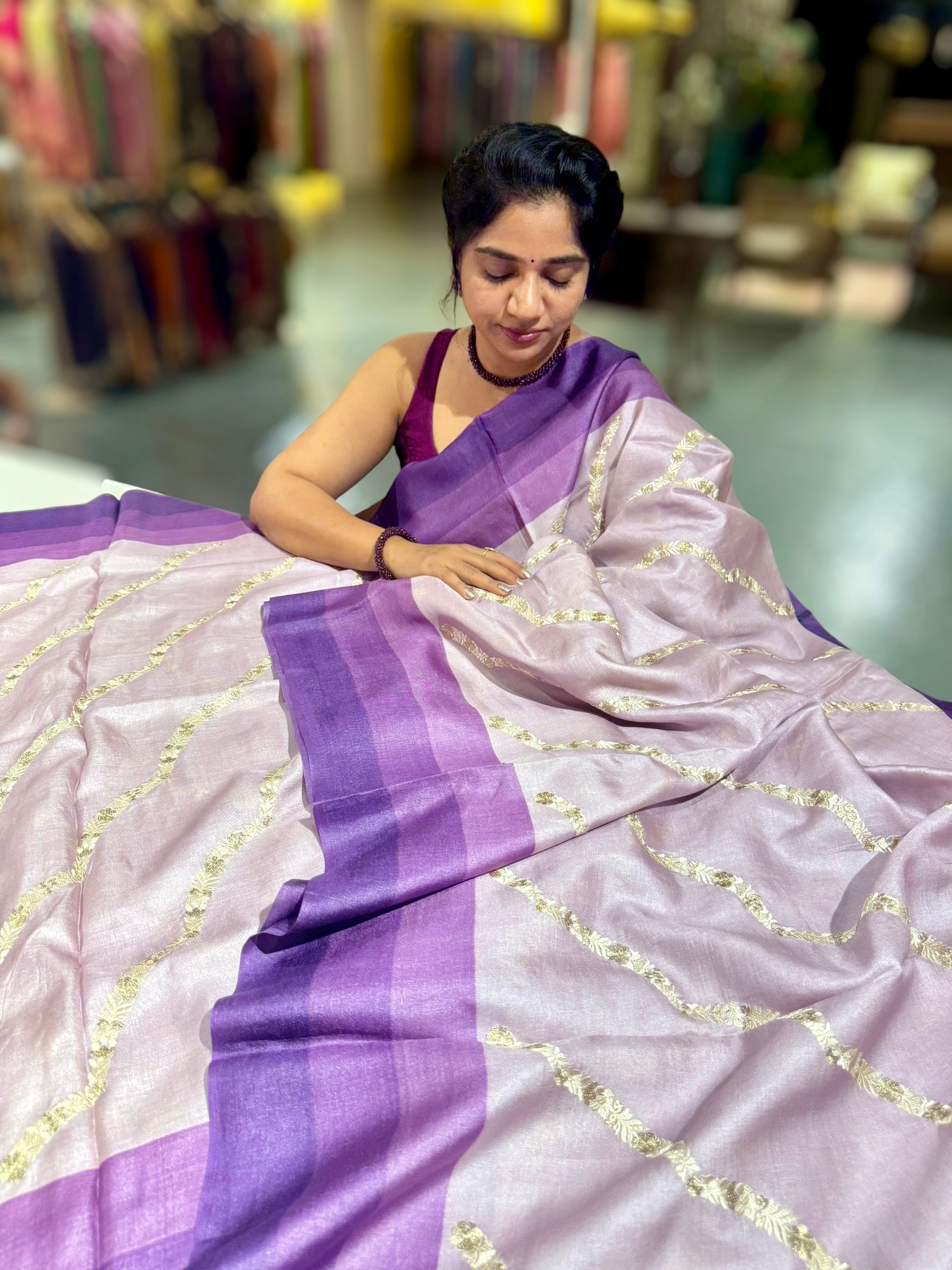 Lilac Embroidered Tussar Saree