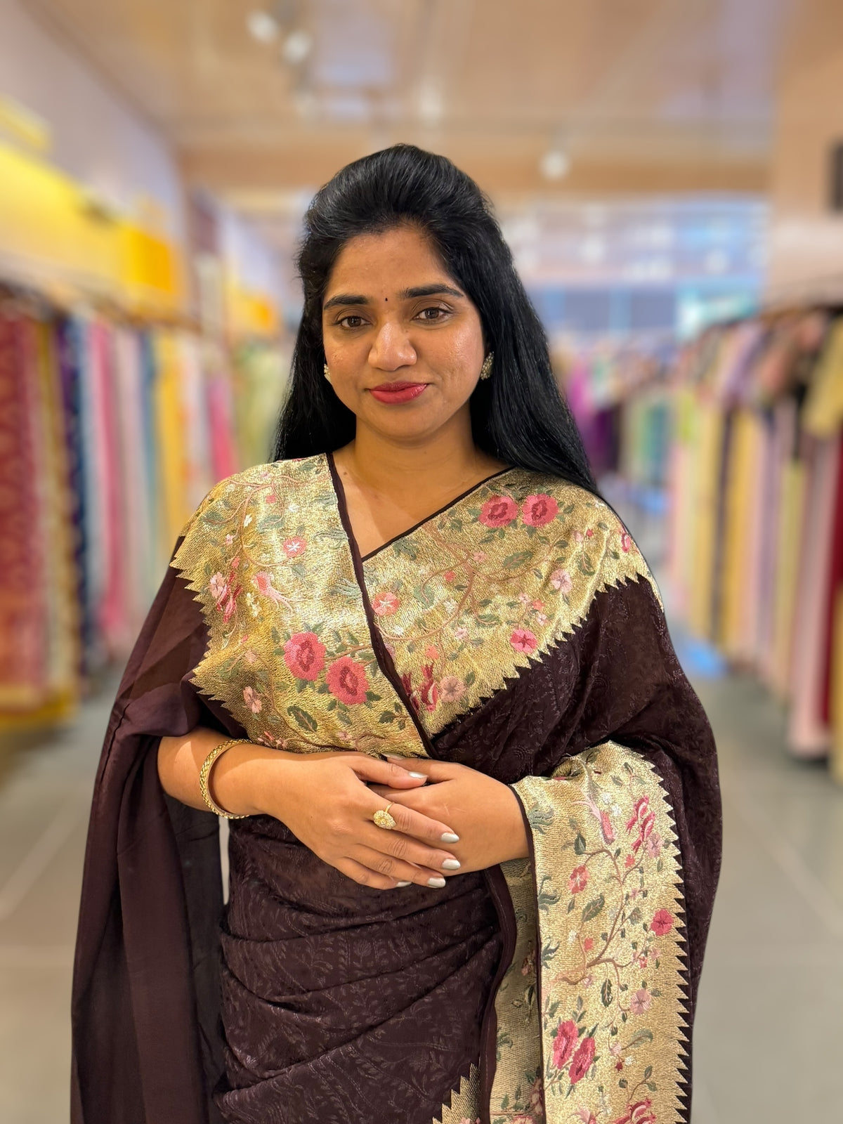 Brown Chikankari Georgette Saree with Tissue embroidered Border