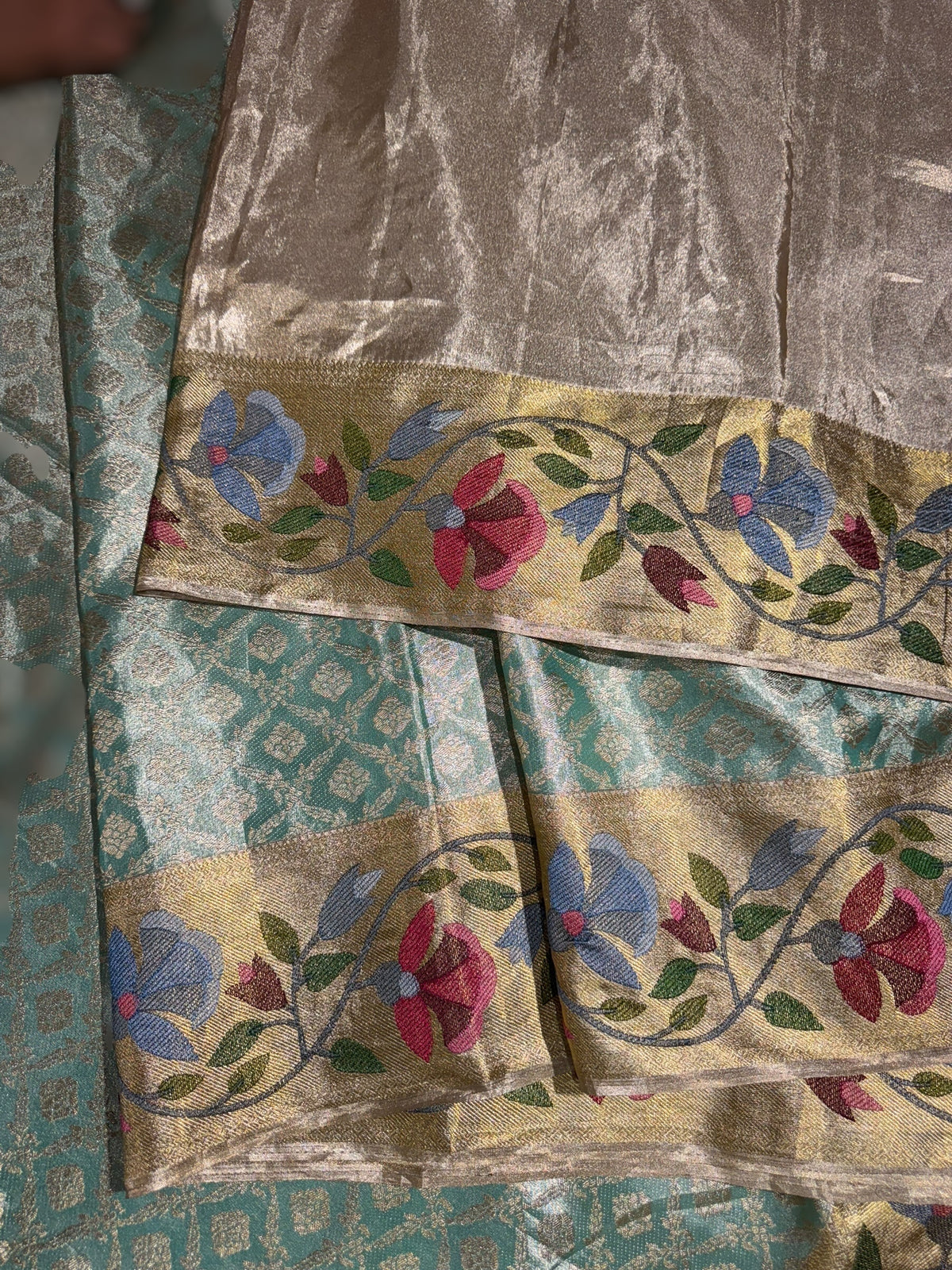 Sea Green Kanchi Tissue Brocade Saree With jamdani inspired embroidery.