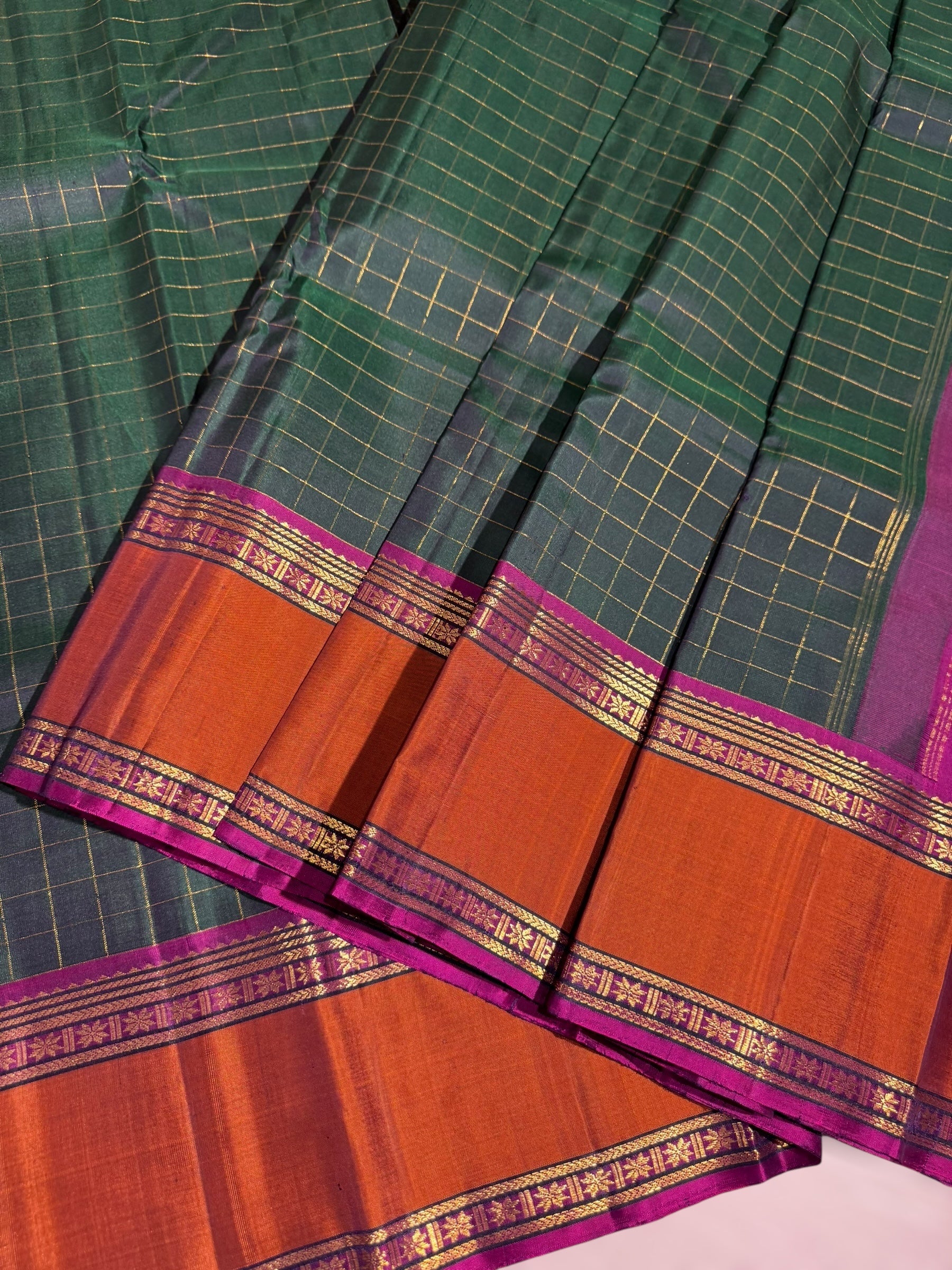 Bottle Green and majenta fysl tone Kanchi vintage checks saree with Gap Border