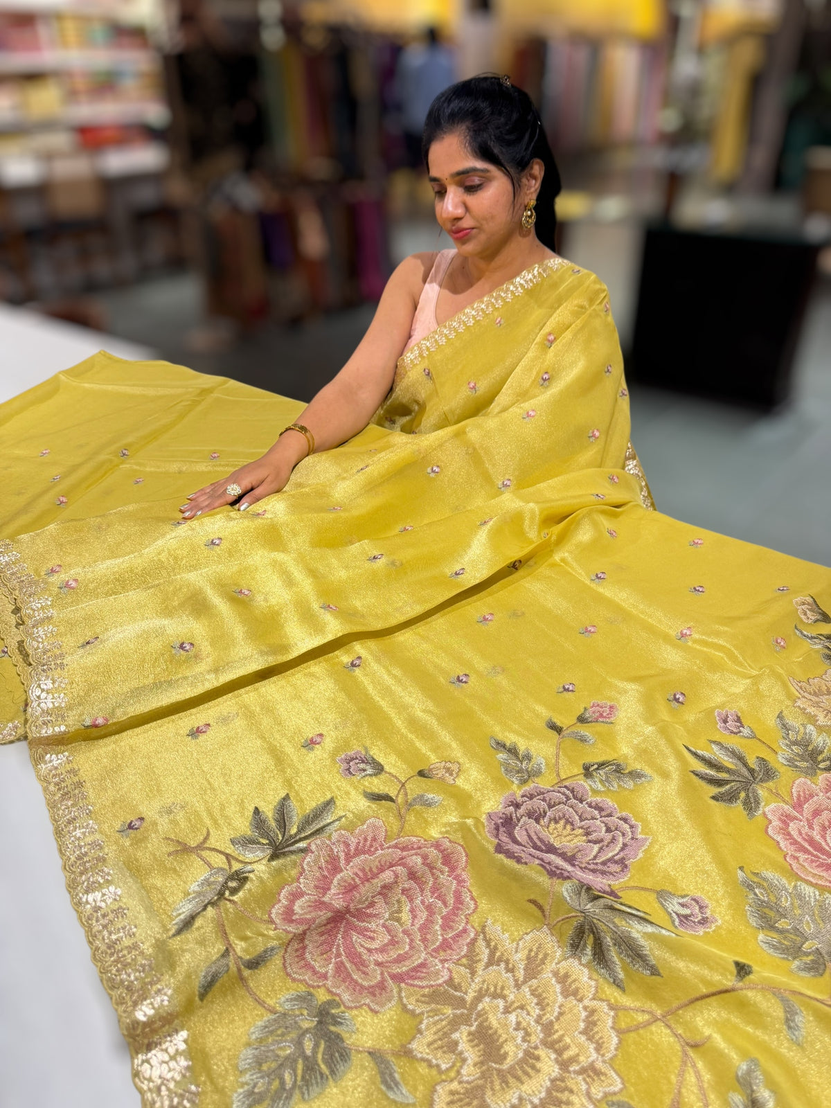 Lime Yellow Tissue Georgette Saree with petite point emb