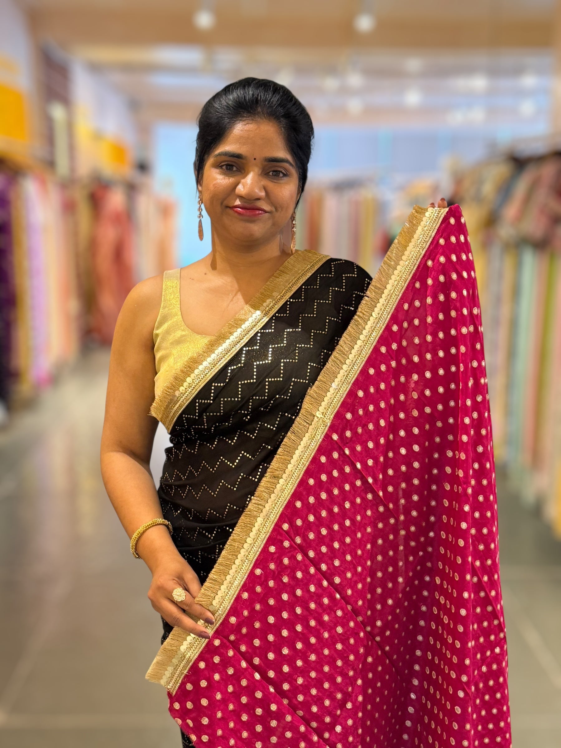 Black Georgette Saree with stick on Badla in zigzag pattern
