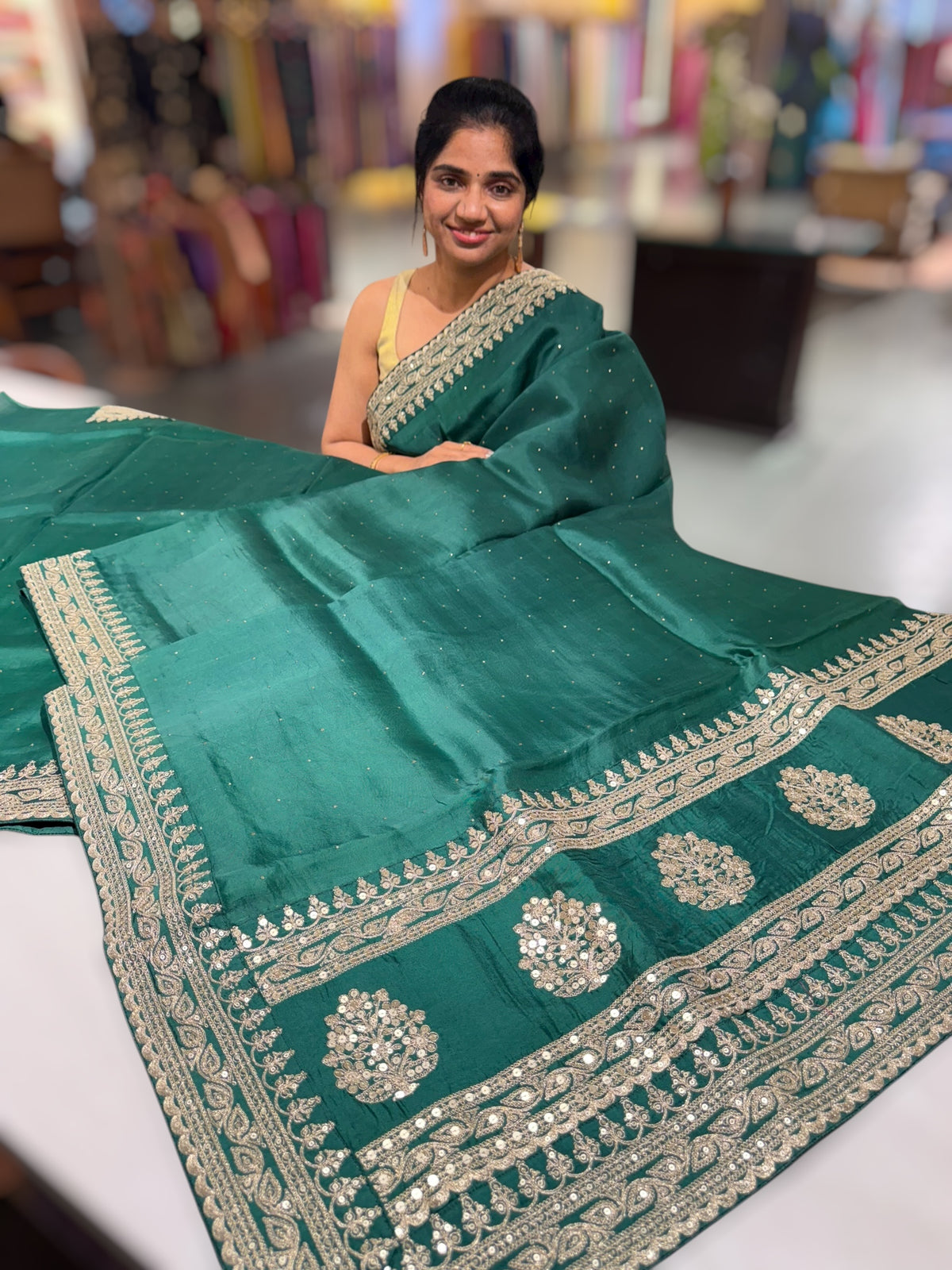 Emerald Green Pure Organza Saree with allover mukaish work &amp; sabyasachi borders