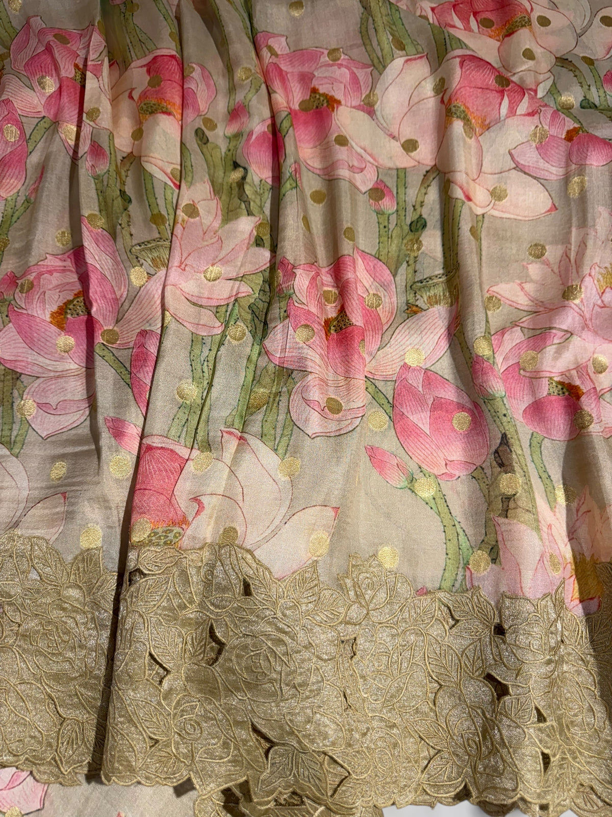 Earthy Tone Banarasi Munga Printed Tussar Khaddi With Tissue cutwork Rose Border