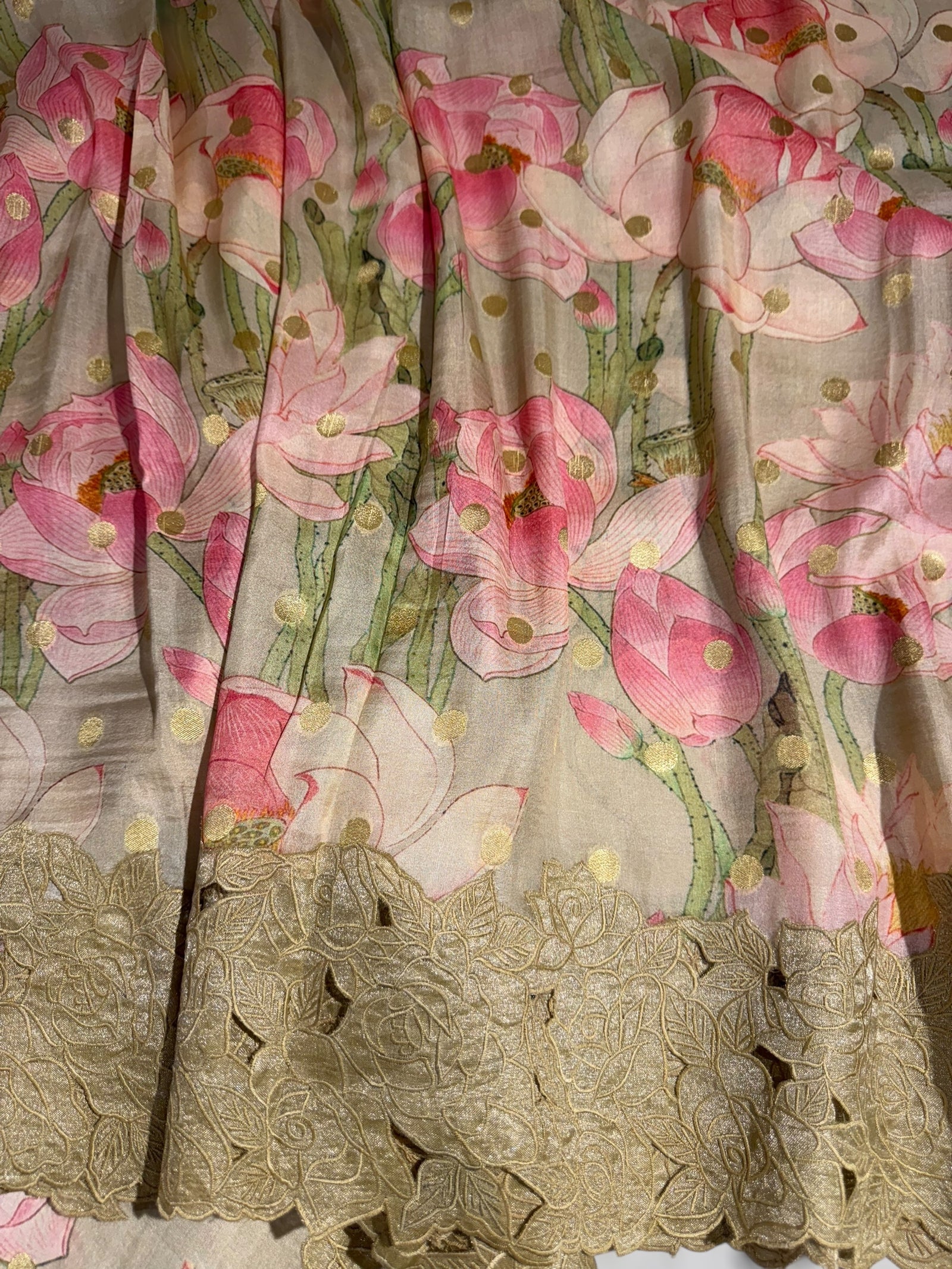 Earthy Tone Banarasi Munga Printed Tussar Khaddi With Tissue cutwork Rose Border