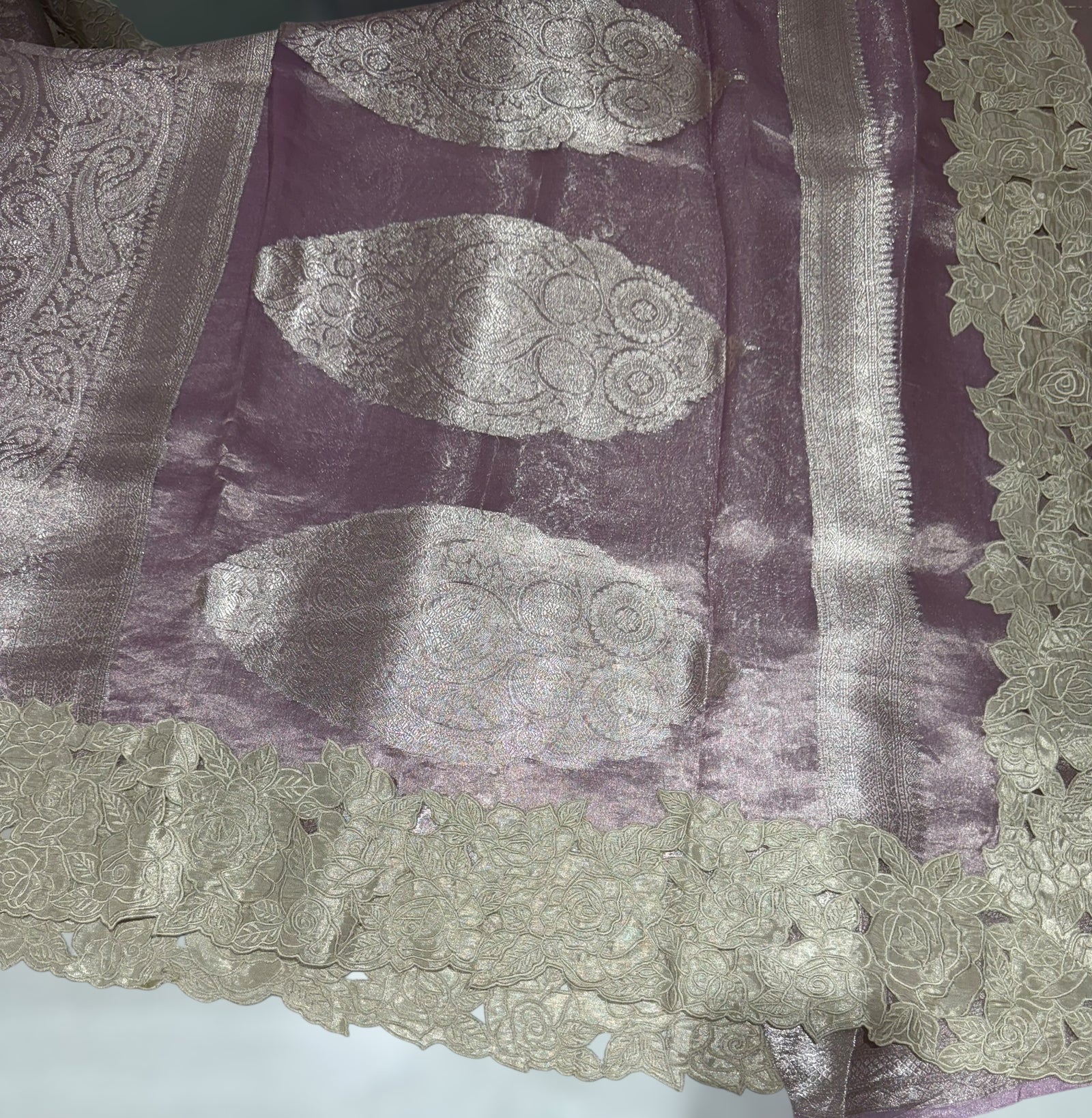 Lilac Tissue Brocade allover weaving Saree with Tissue Cutwork Rose Border