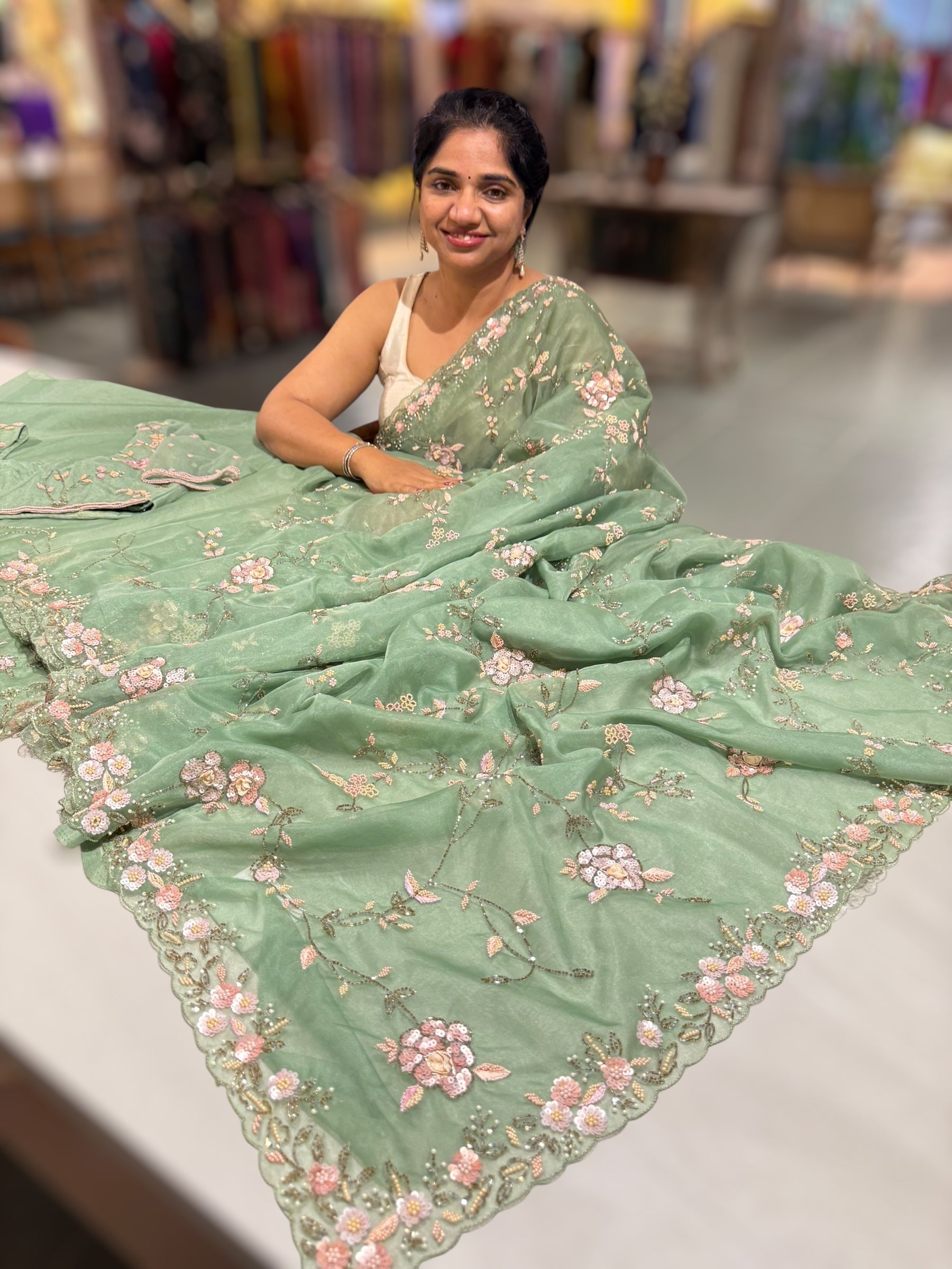Sage Green Organza allover heavy handwork saree with ready to wear blouse