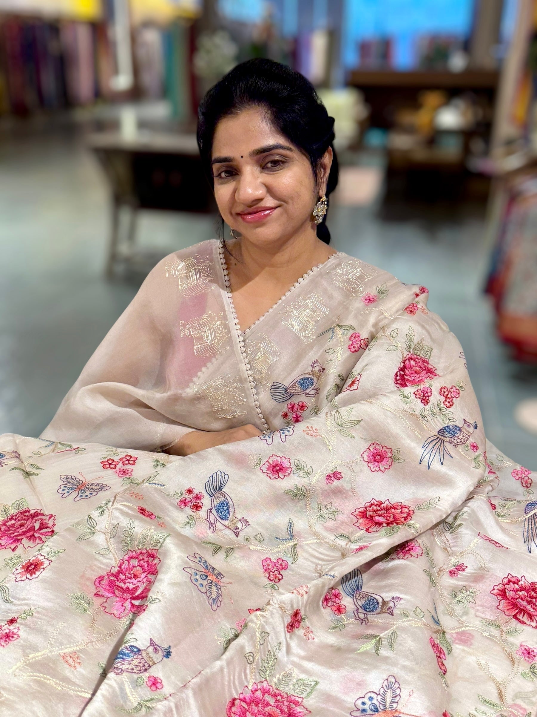 Taupe Organza Saree with Allover floral Embroidery