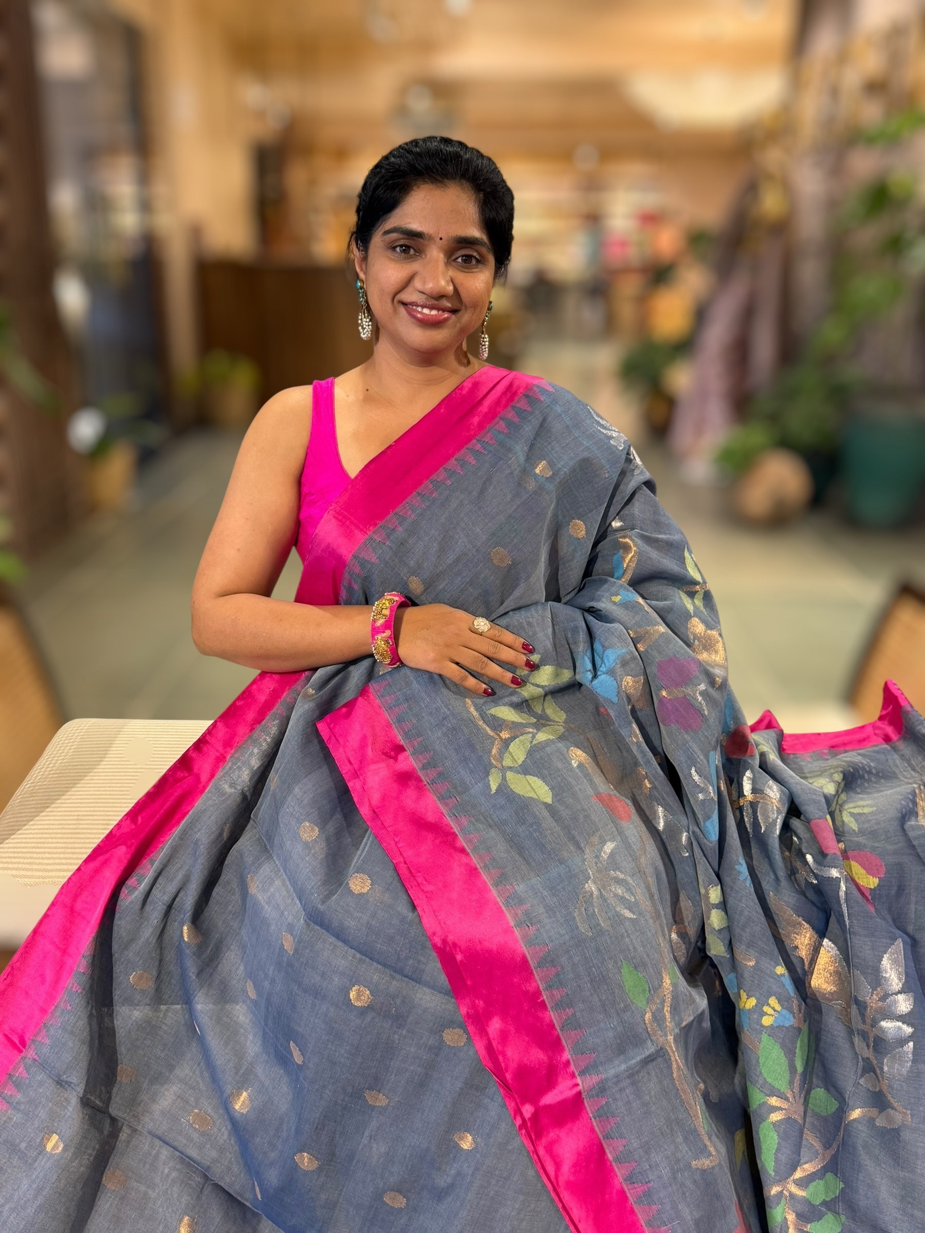 Grey Ponduru Khadi Saree with Pink Silk Temple Border & Jamdani Pallu