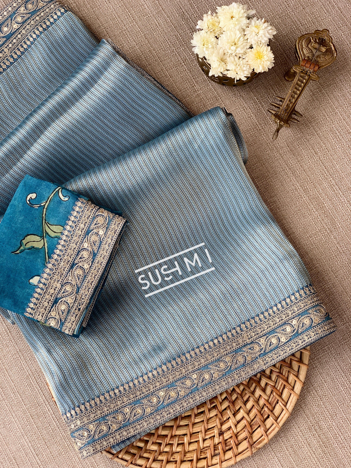 Dusty Blue  Banarasi tonchoi with pen kalamkari Blouse : D62F026