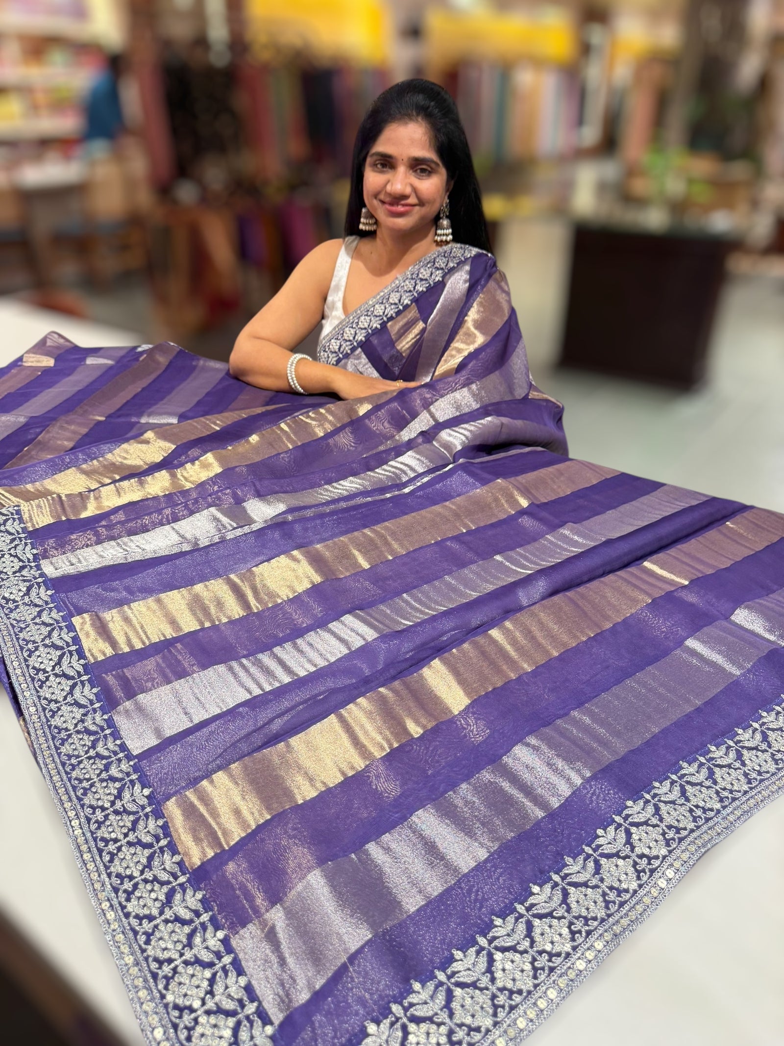 Brinjal Kora tissue stripes saree