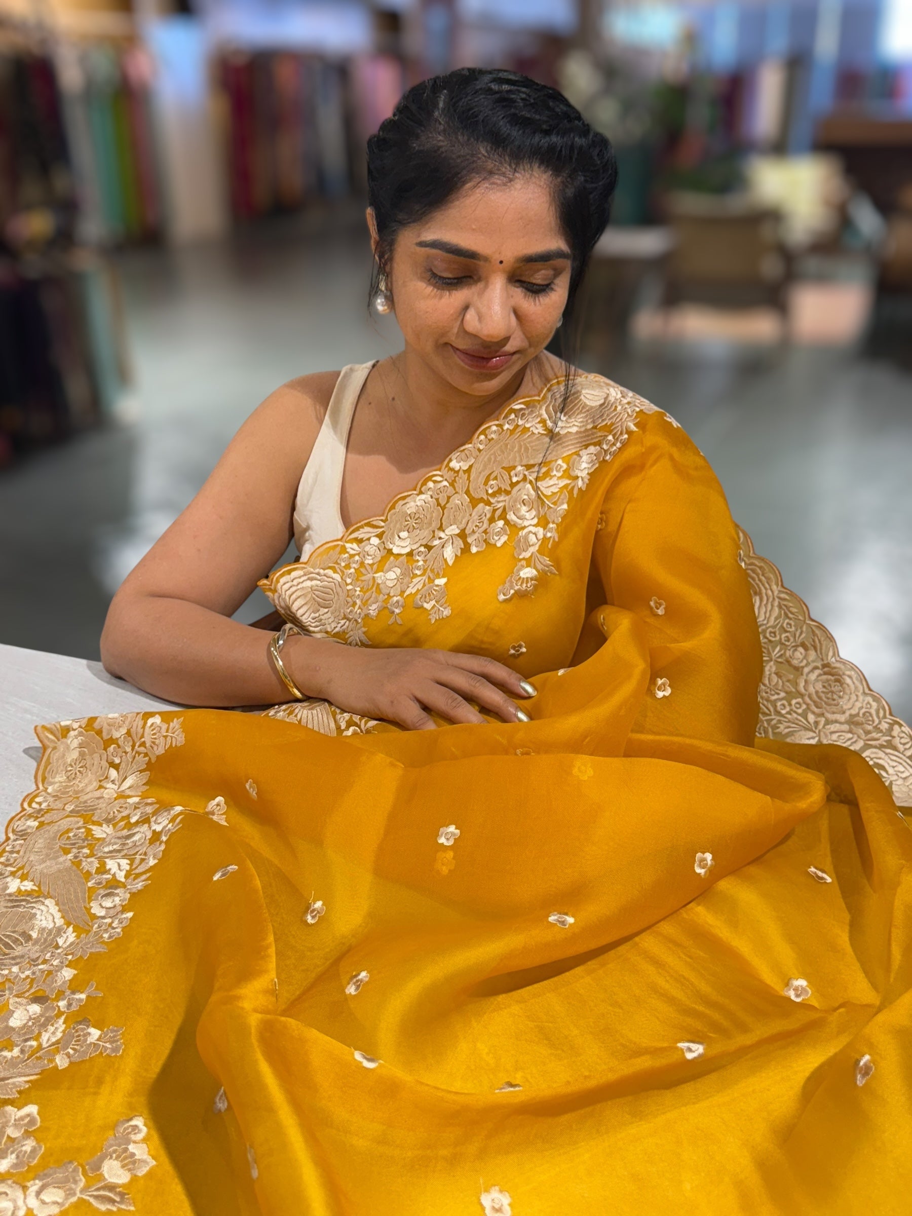 Mustard Organza Saree with Parsi Gara Embroidered Border