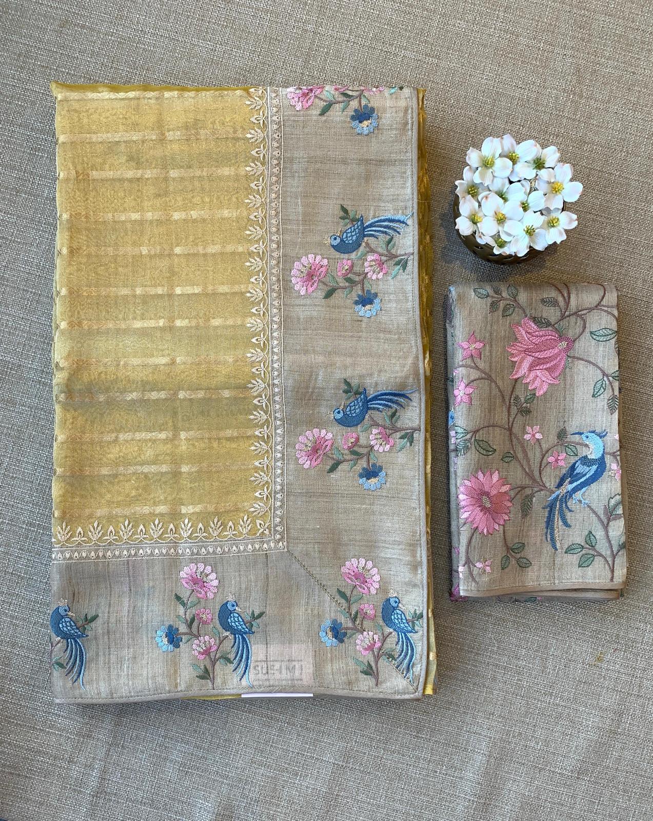 Yellow Pure Handloom Tissue Saree with pure Tussar embroidered border