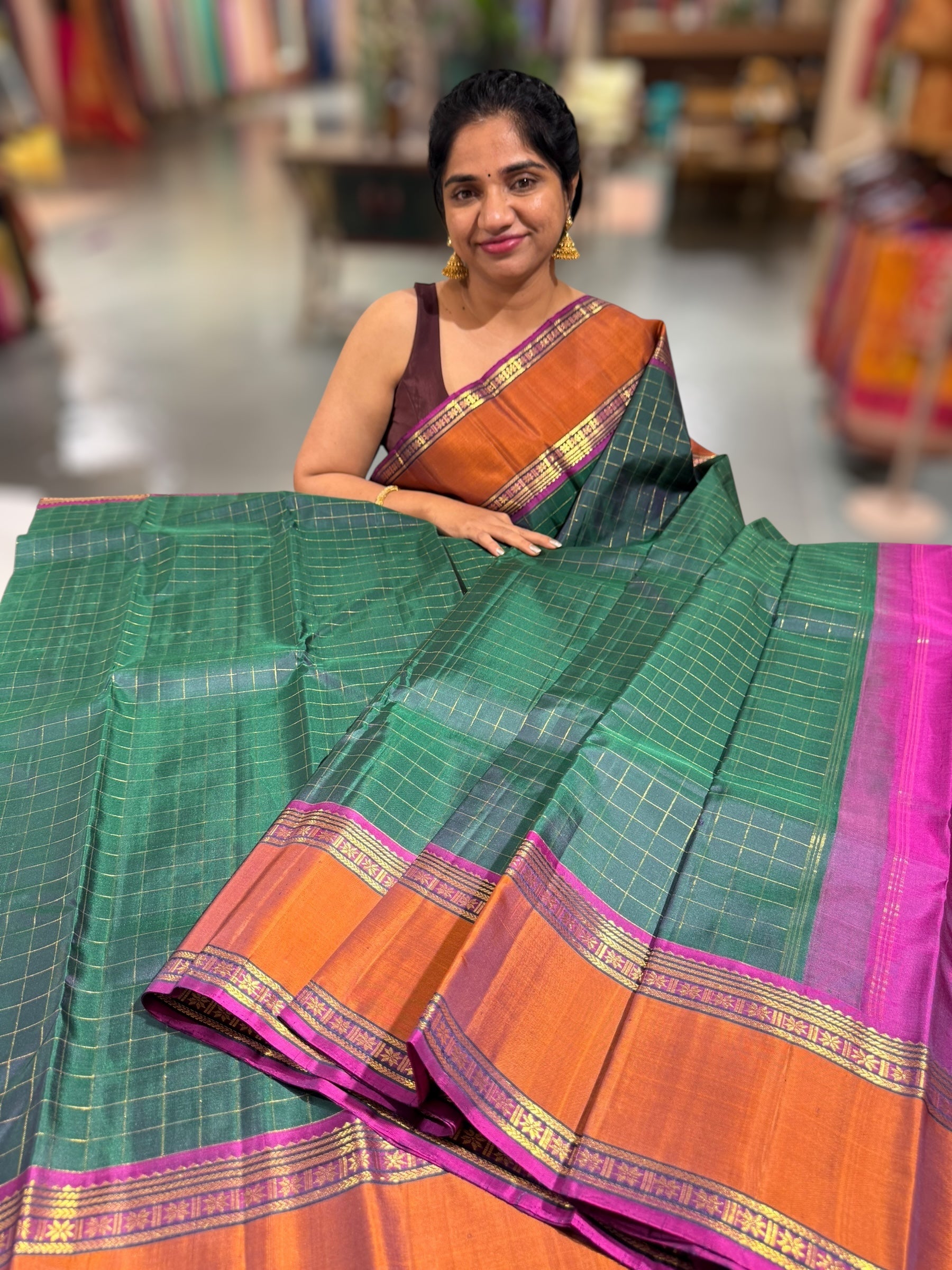 Bottle Green and majenta fysl tone Kanchi vintage checks saree with Gap Border
