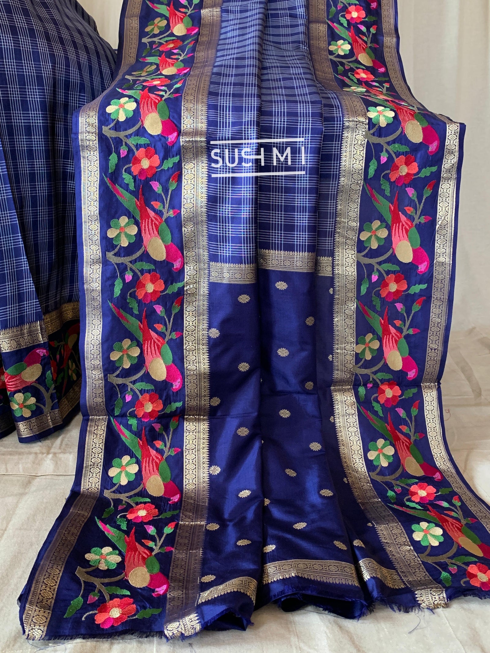 Midnight Blue Vintage checks Kanjeevaram soft silk saree with embroidery D62F040