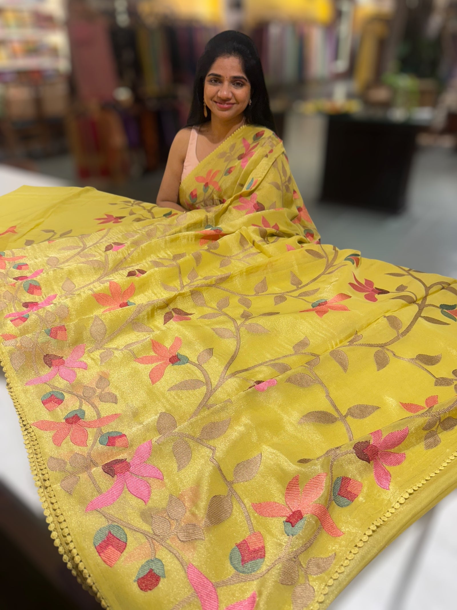 Lime yellow Tissue georgette saree with embroidery