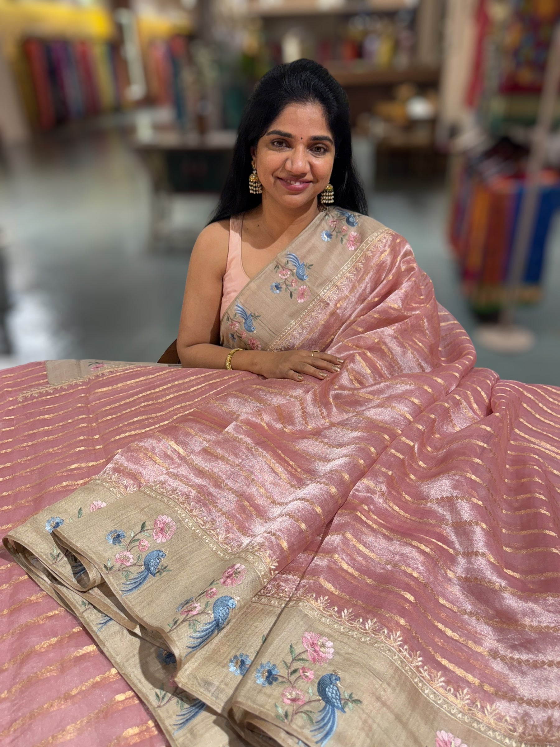 Dusty Pink Pure Handloom Tissue Saree with pure Tussar embroidered border