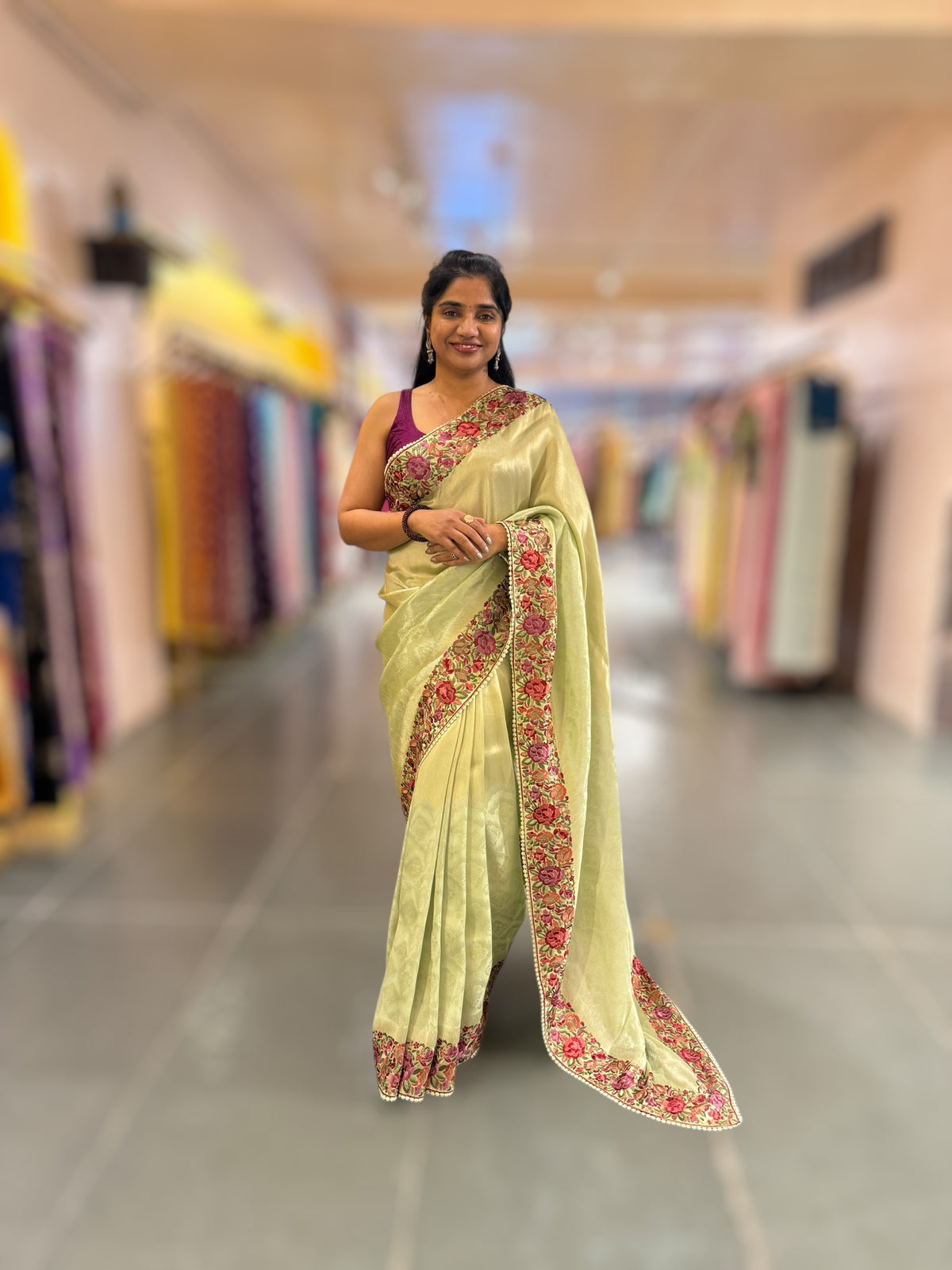 Mint Green Banarasi Brocade tissue saree with tonchui style weaving and parsi gara embroidered border