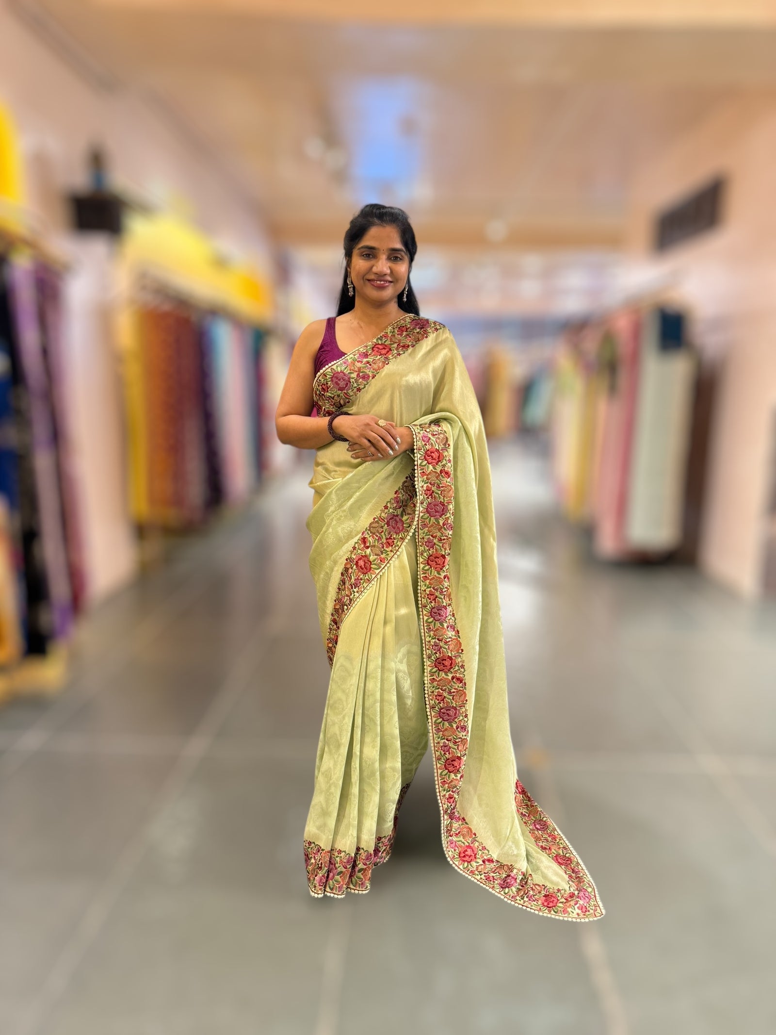 Mint Green Banarasi Brocade tissue saree with tonchui style weaving and parsi gara embroidered border