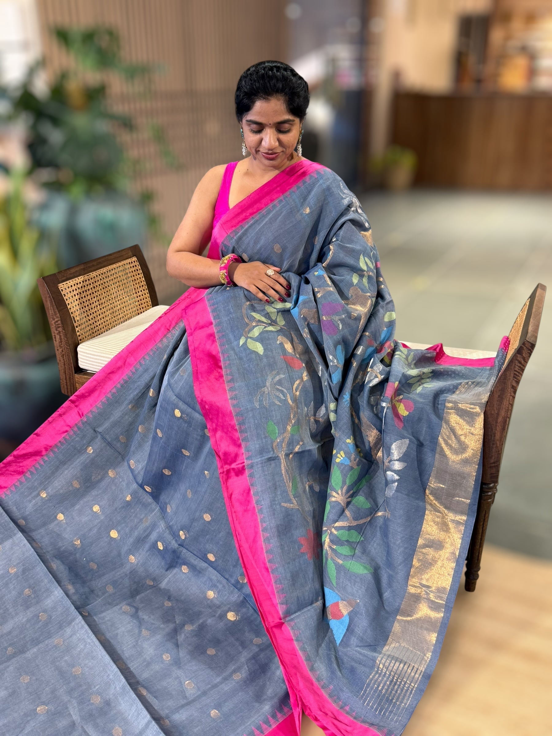 Grey Ponduru Khadi Saree with Pink Silk Temple Border & Jamdani Pallu