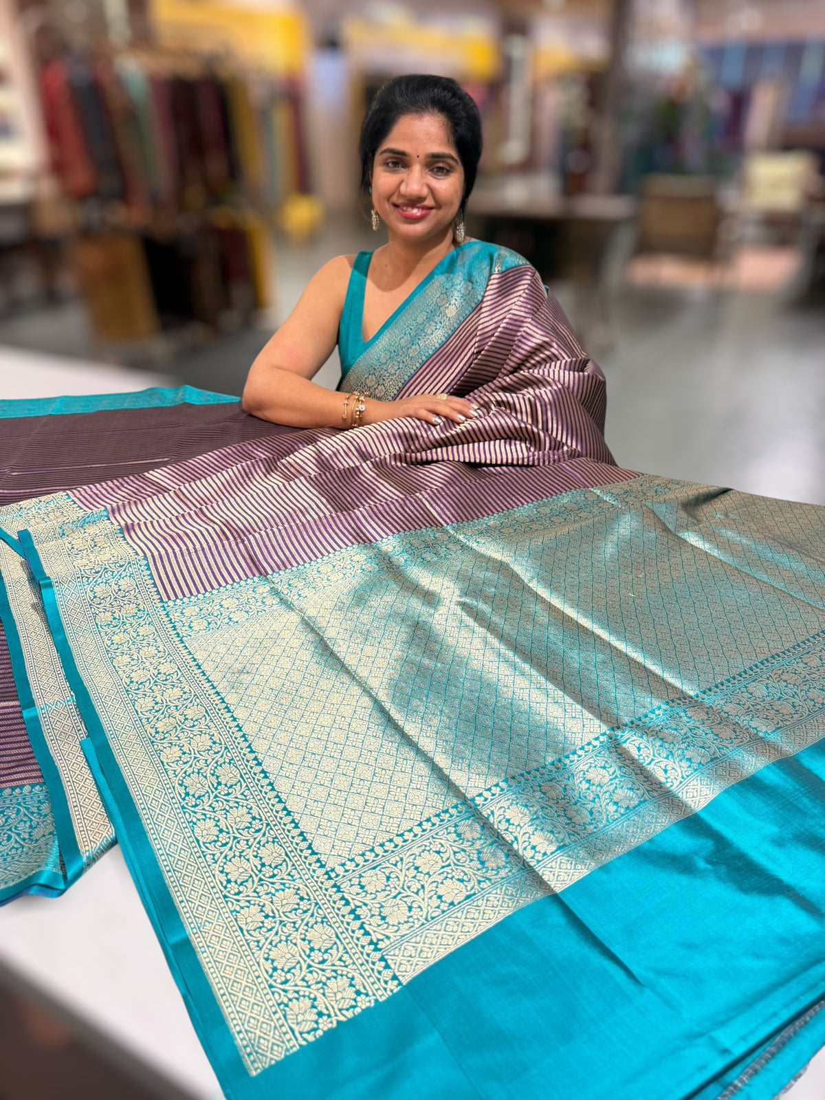 Brinjal Banarasi Silk Stripes Saree