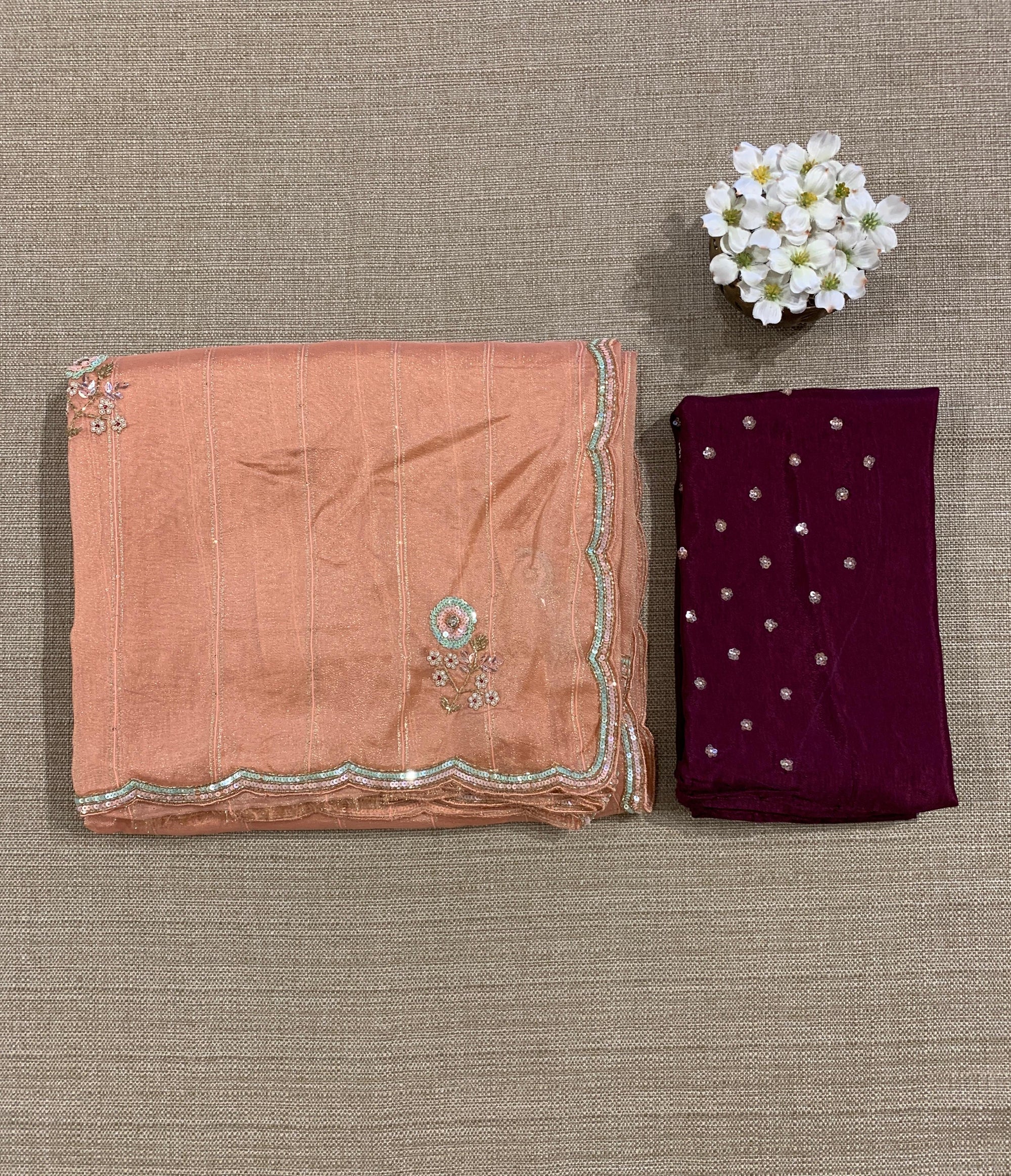 Tissue Gorgette Saree With Handwork Border and Blouse.