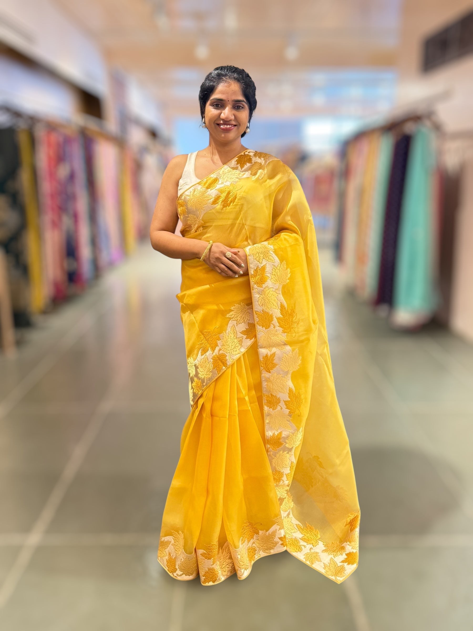 Yellow Organza Saree with Stunning Leaf Embroidered Border