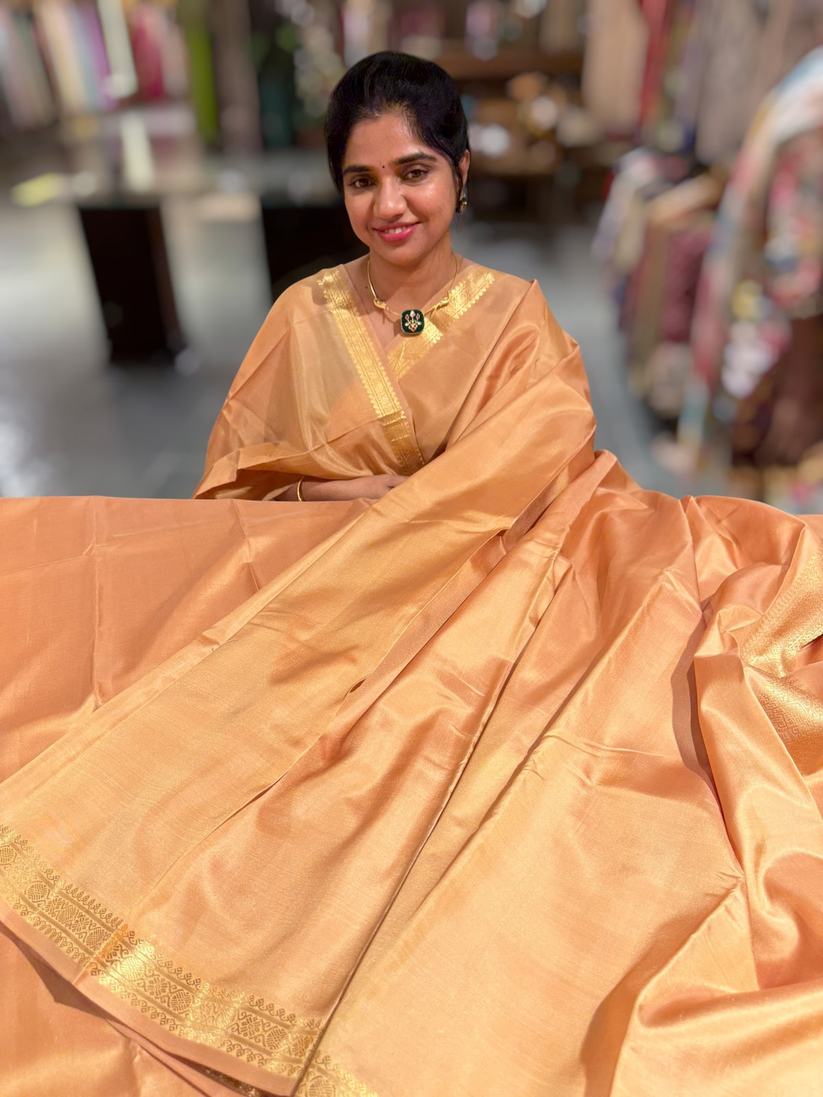 Sandalwood vintage Kanchipuram silk saree with pen kalamkari blouse