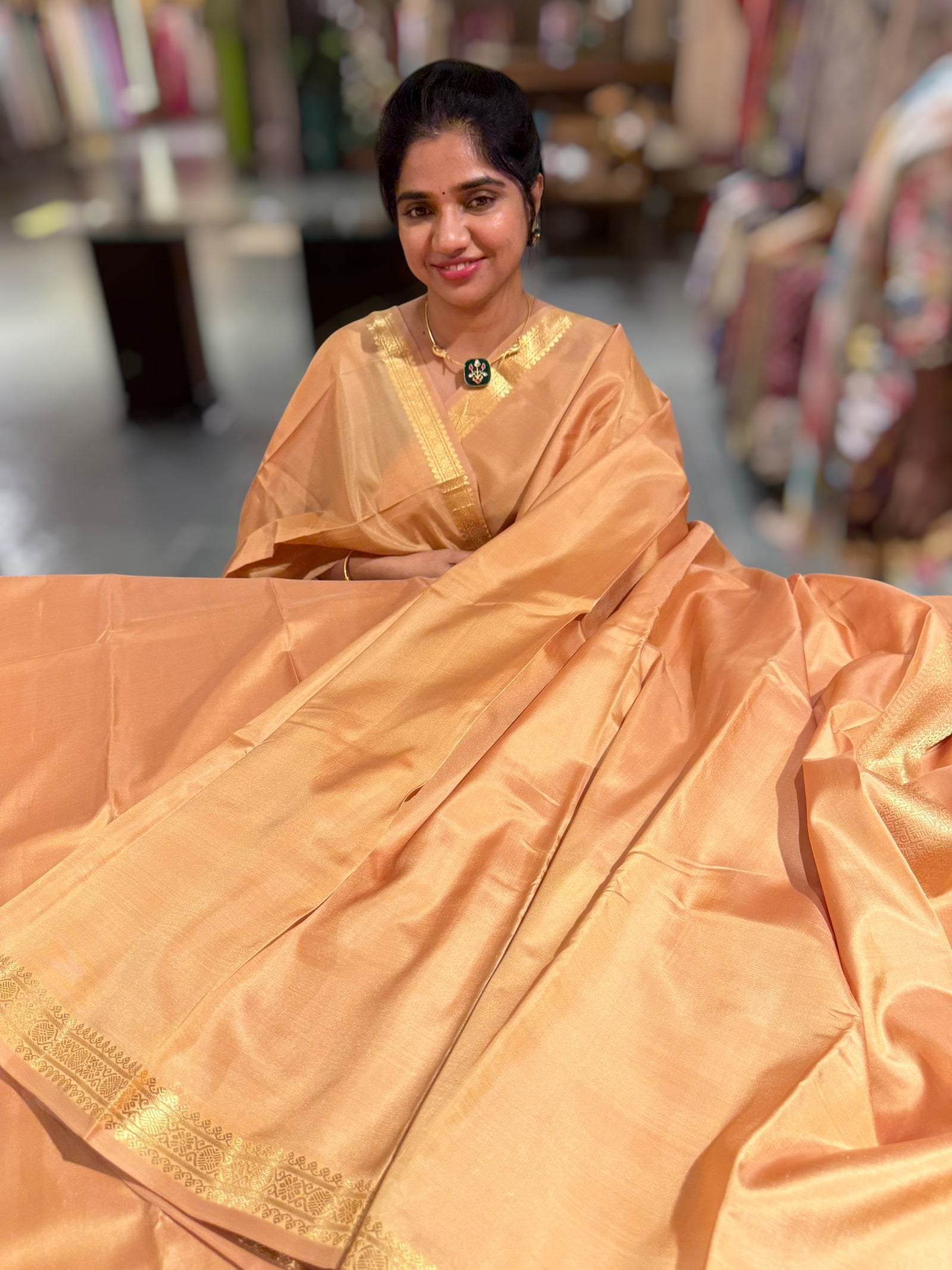 Sandalwood vintage Kanchipuram silk saree with pen kalamkari blouse