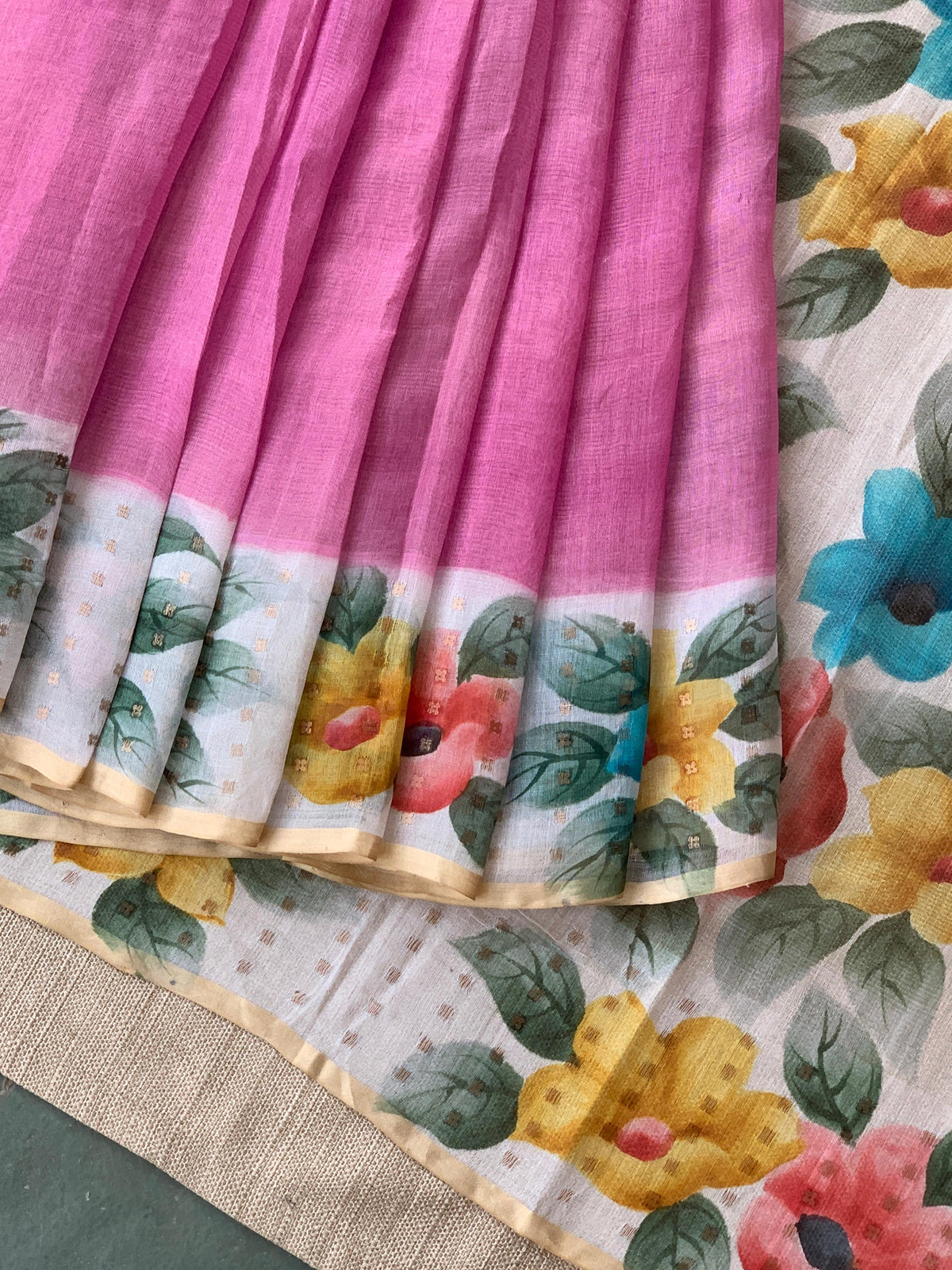 Rose Pink Tussar Kota Tissue Saree with Handpainted Muslin Border and Pallu