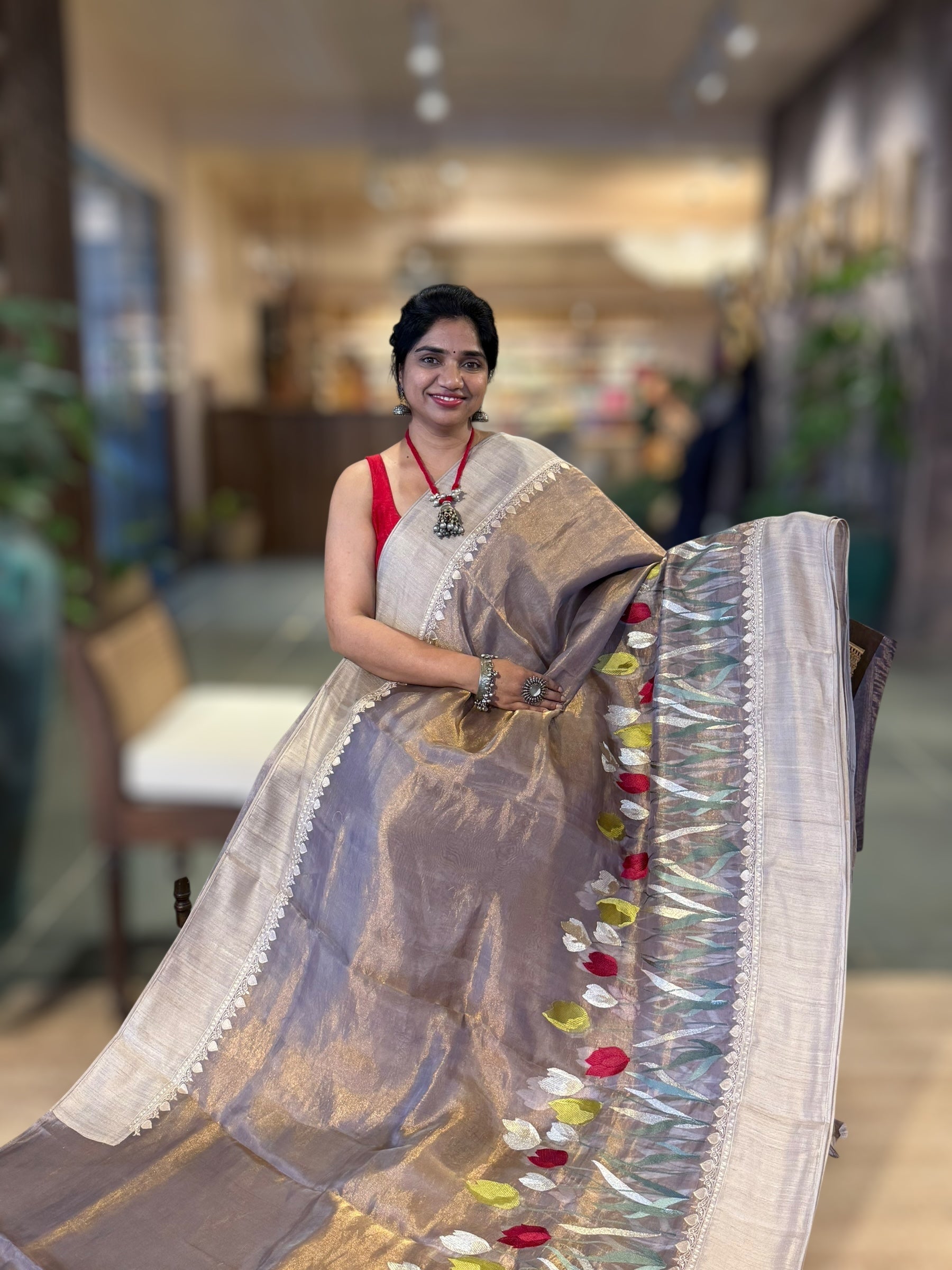 Mauve Designer Handloom Tissue Saree With Tulip embroidery
