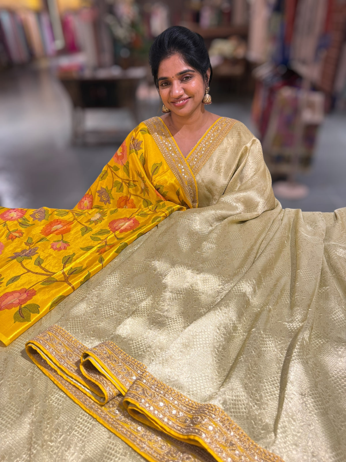 Mint & Yellow Combo Banarasi Tissue Brocade saree