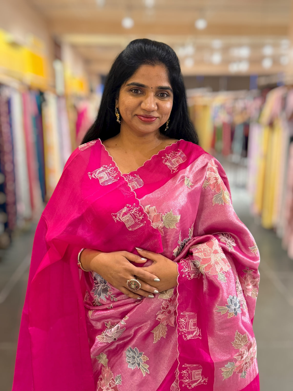 Fushcia Pink  Premium Handloom Designer Tissue saree with exquisite embroidery