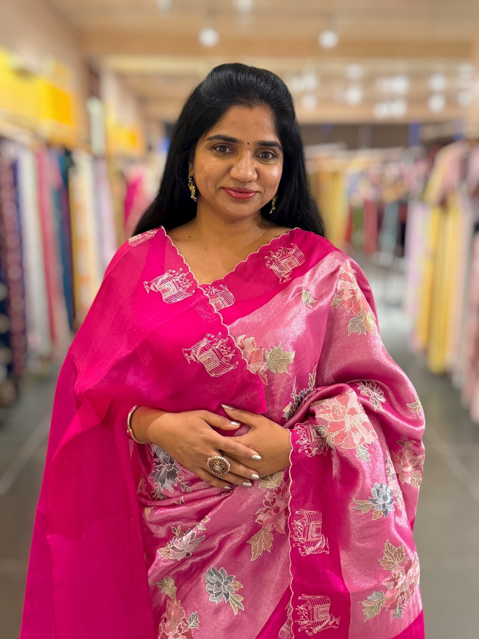 Fushcia Pink  Premium Handloom Designer Tissue saree with exquisite embroidery