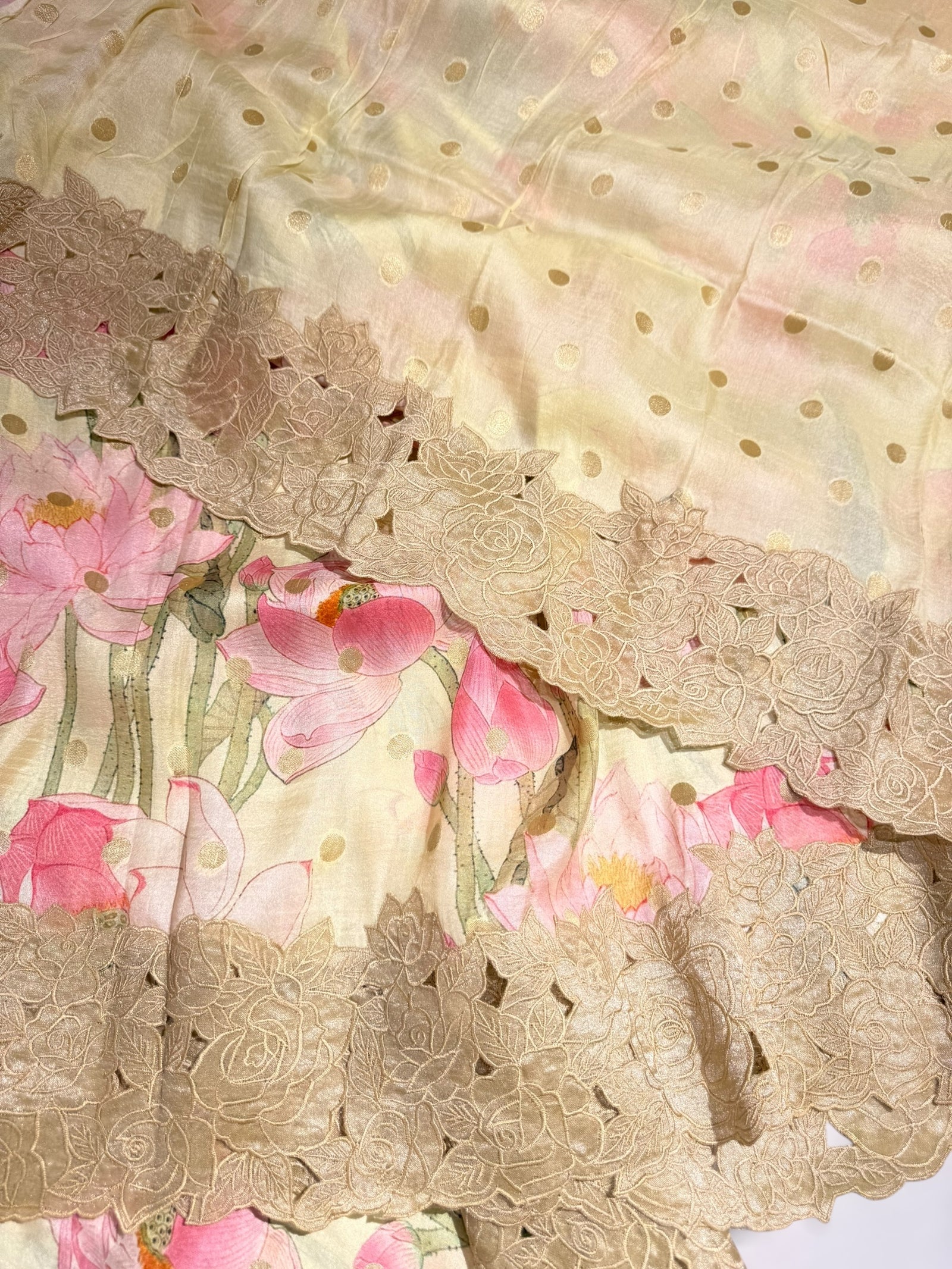 Mint Banarasi Munga Printed Tussar Khaddi With Tissue cutwork Rose Border