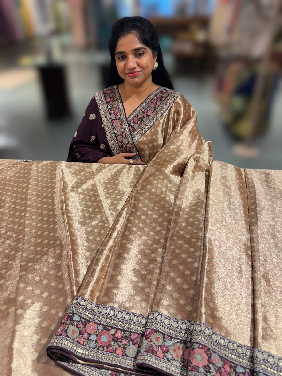 Antique Brown Banarasi brocade tissue saree with sabhya borders