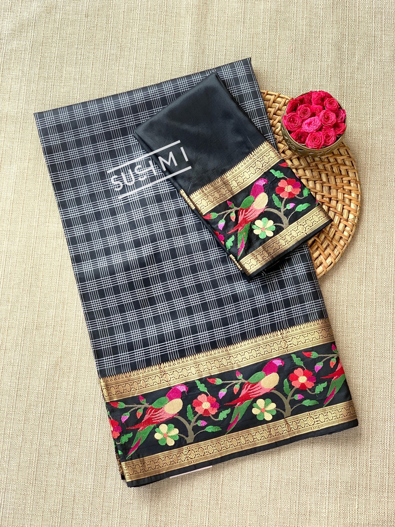 Black Vintage checks Kanjeevaram soft silk saree with embroidery D62F042