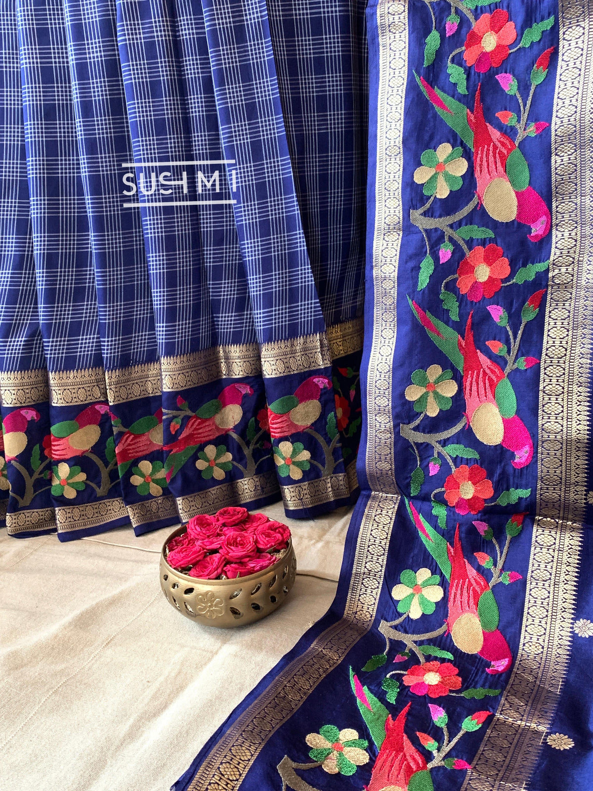 Midnight Blue Vintage checks Kanjeevaram soft silk saree with embroidery D62F040
