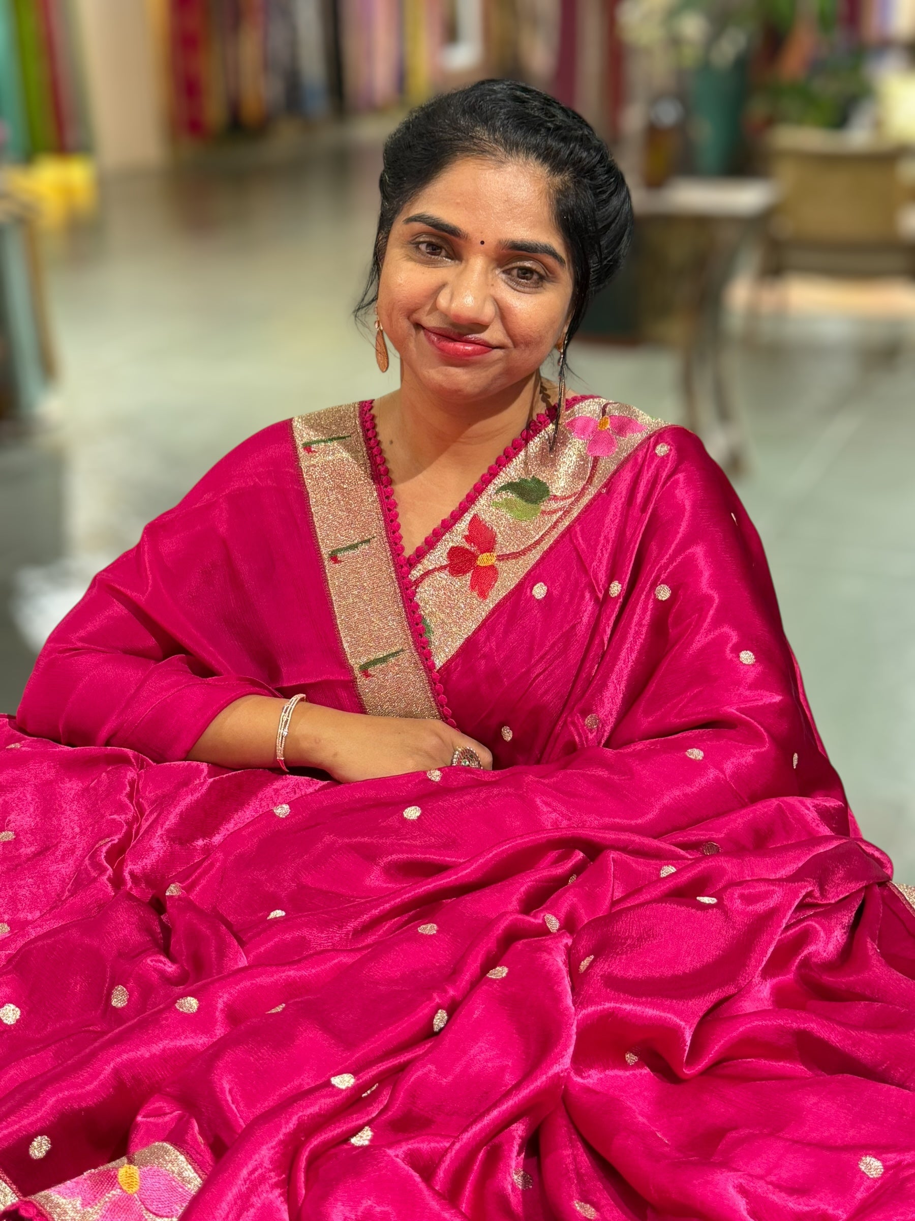 Dark Pink Satin Saree with Paithani Embroidered Border
