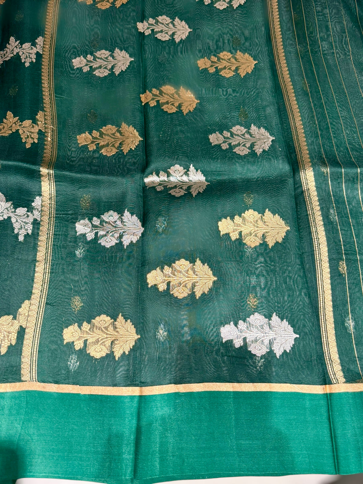 Bottle Green Kora Banarasi Saree in half & half style