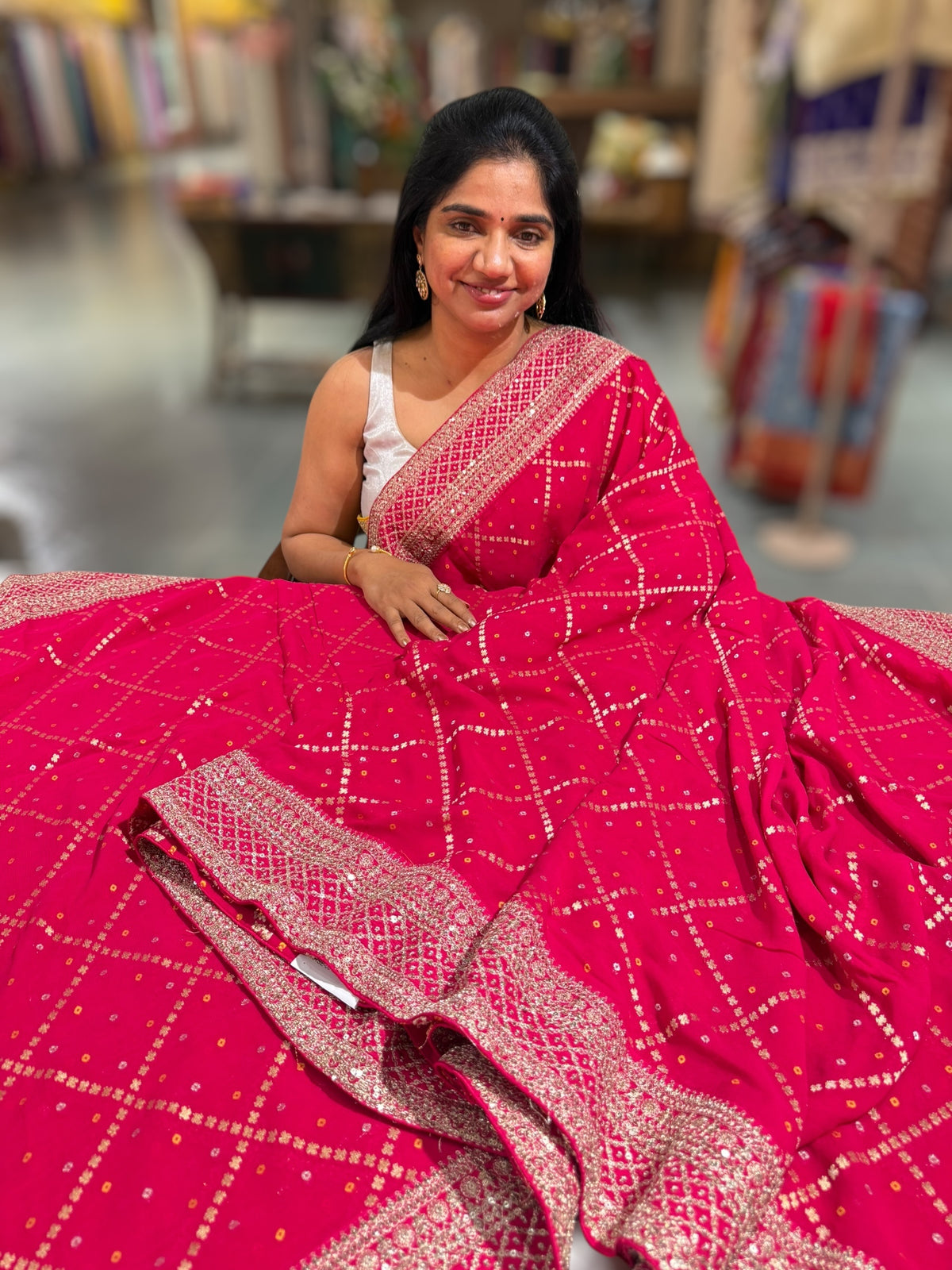 Dark Pink Fancy Banarasi Bandhini georgette saree with sabhyasachi borders and blouse