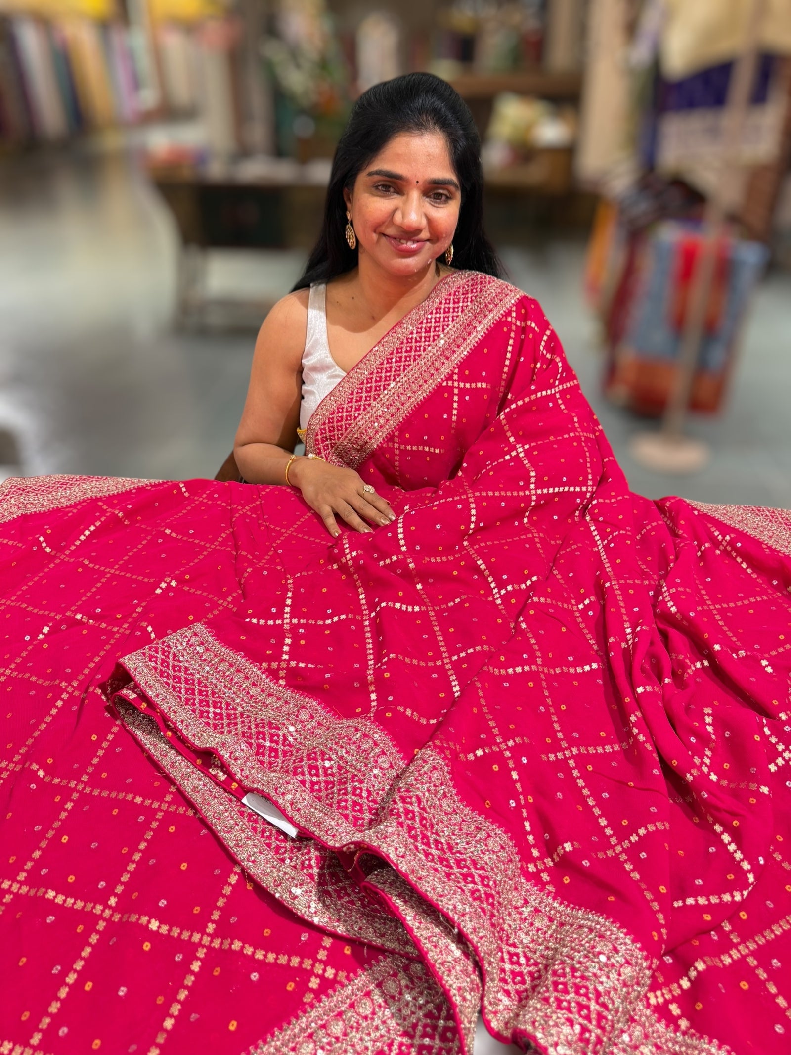 Dark Pink Fancy Banarasi Bandhini georgette saree with sabhyasachi borders and blouse
