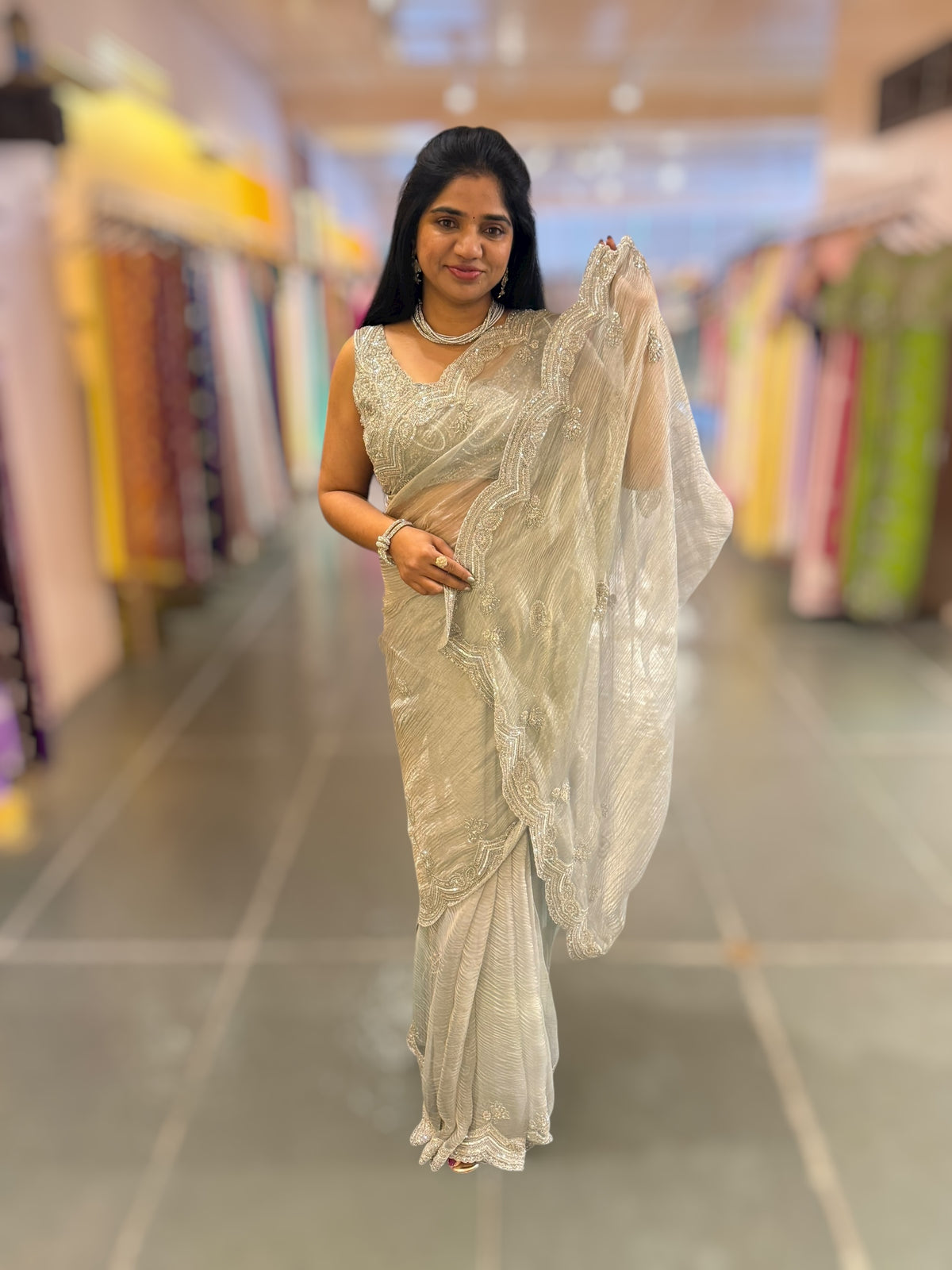 Pastel Bluish silver Crush Tissue handwork Saree