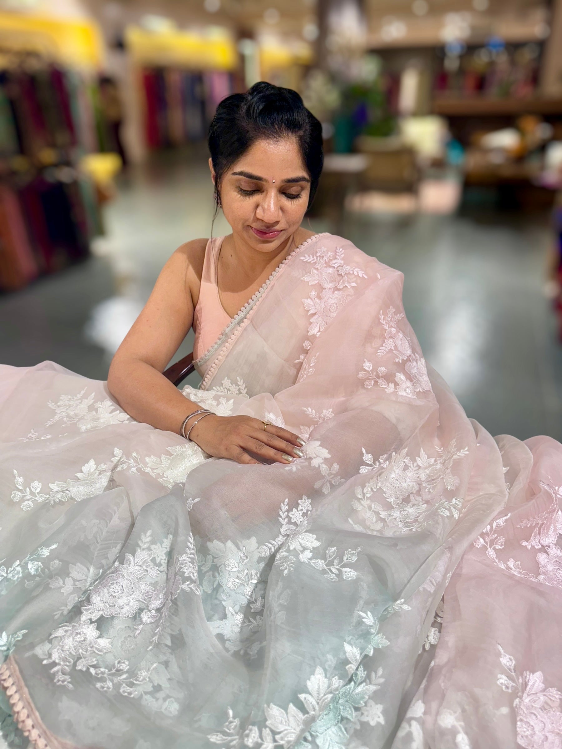 Pure Muslin Ombre Dyed Saree With allover Embroidery