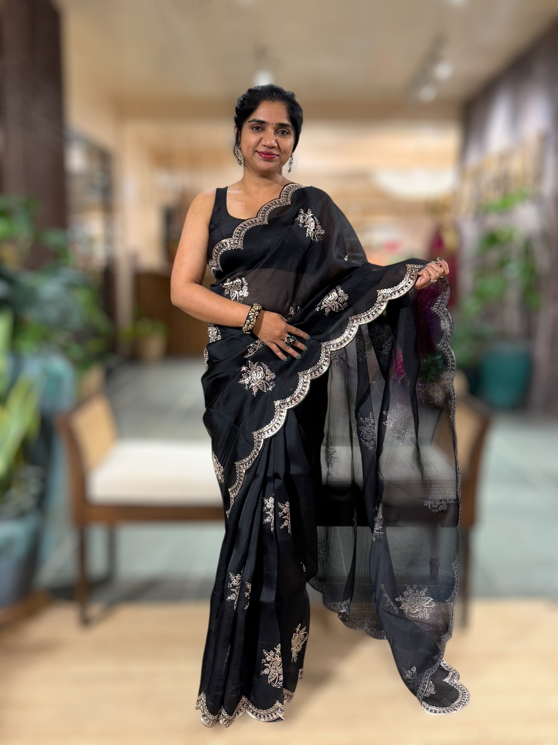 Black Organza Saree With Pita Embroidery