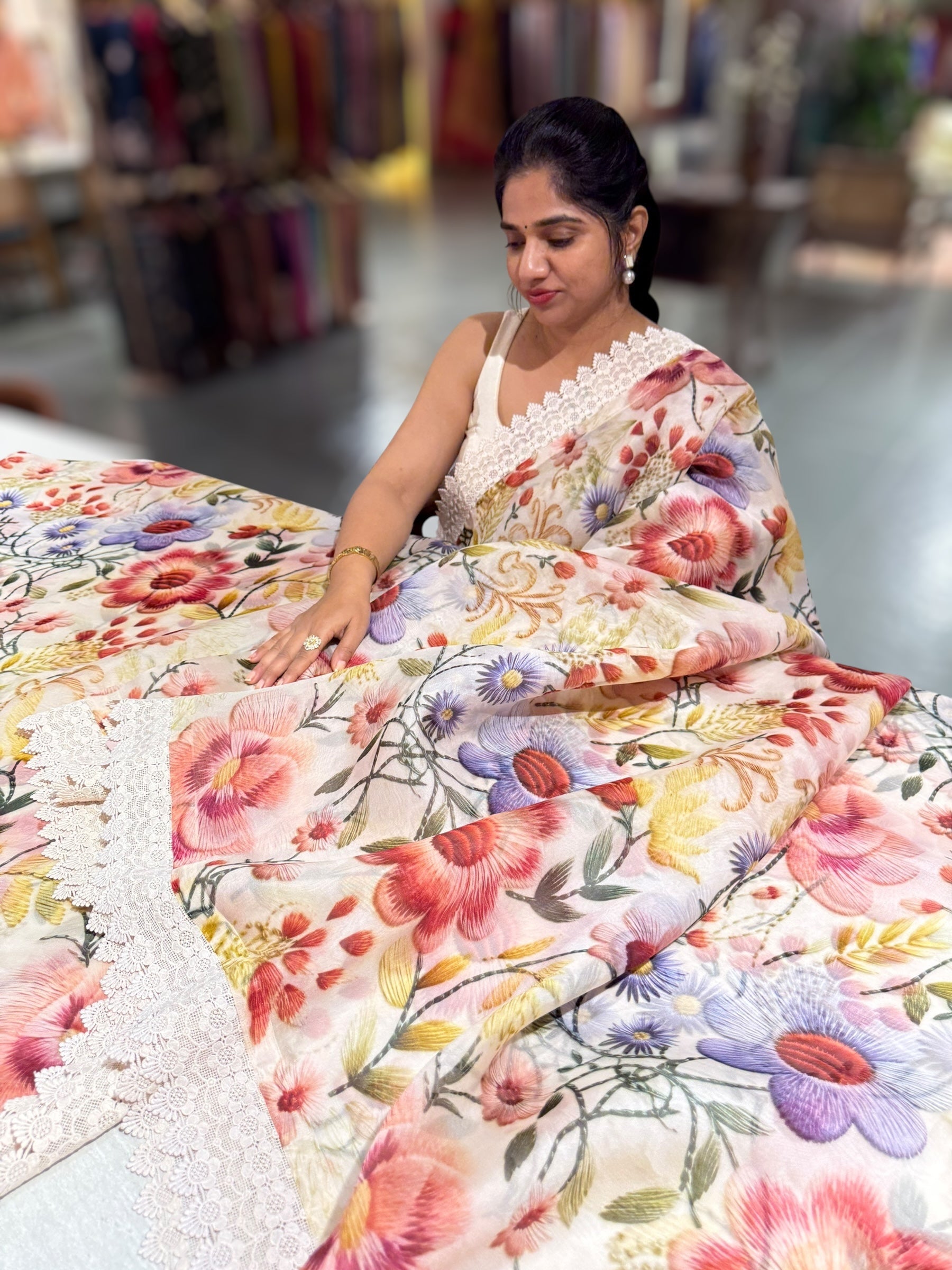 Ivory Organza 3D floral Printed Saree hemlined with crotia lace