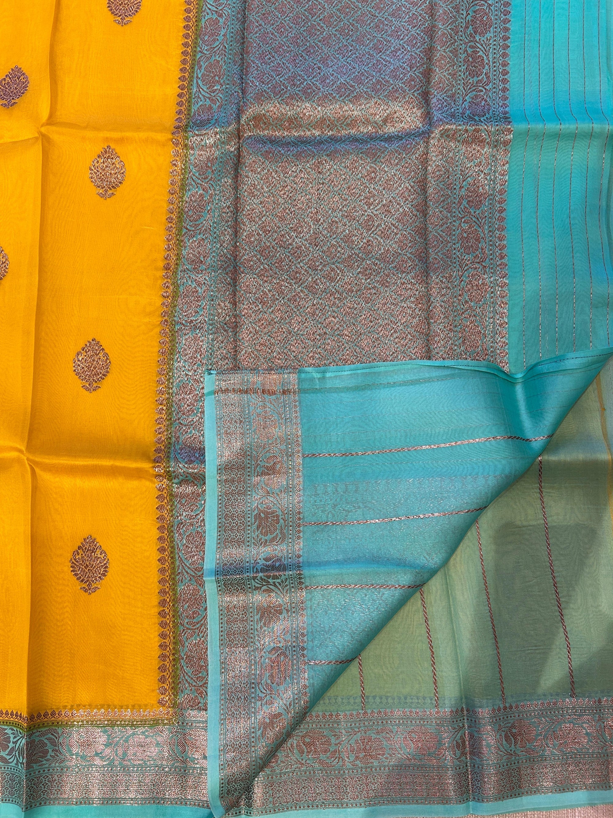 Mustard and teal combo Pure Handloom premium Kora Banarasi Saree