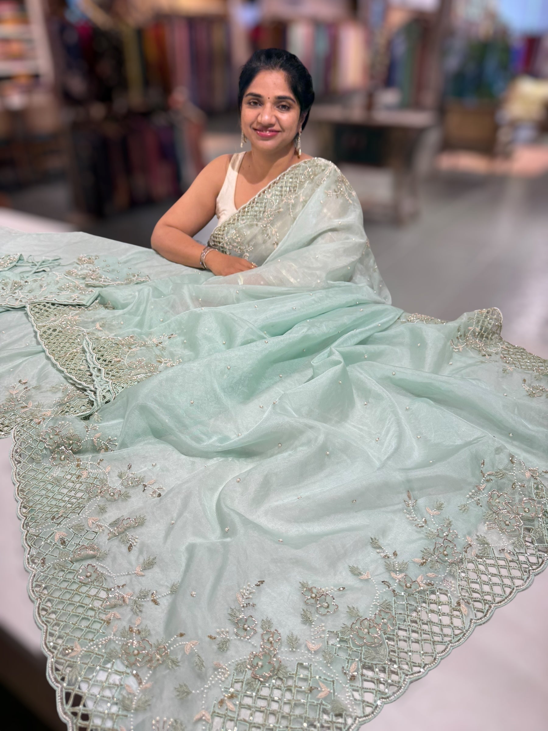 Mint Organza handwork saree with heavy cutwork handwork border ready to wear blouse