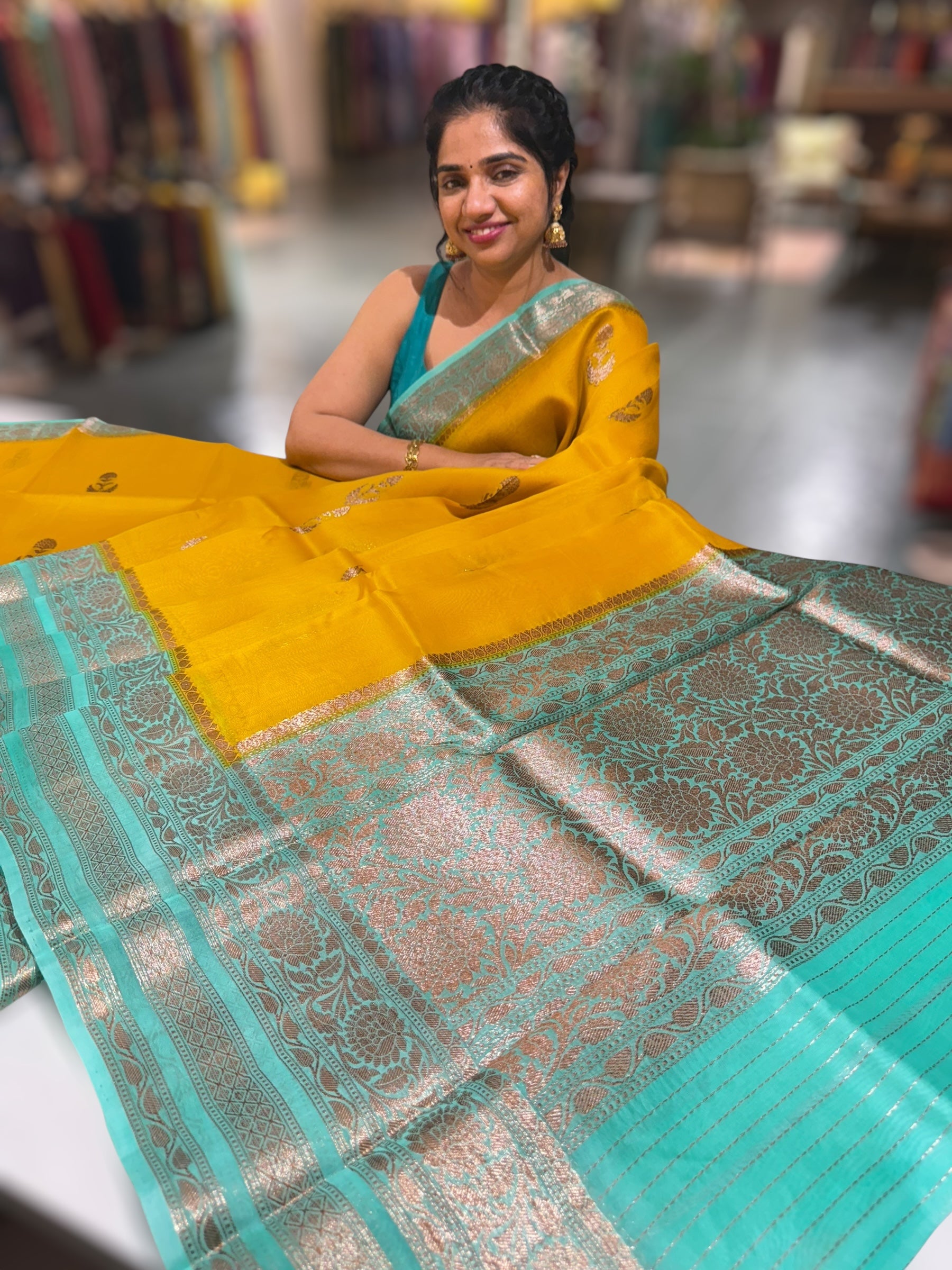 Yellow & Teal Pure Handloom Kora Banarasi Saree